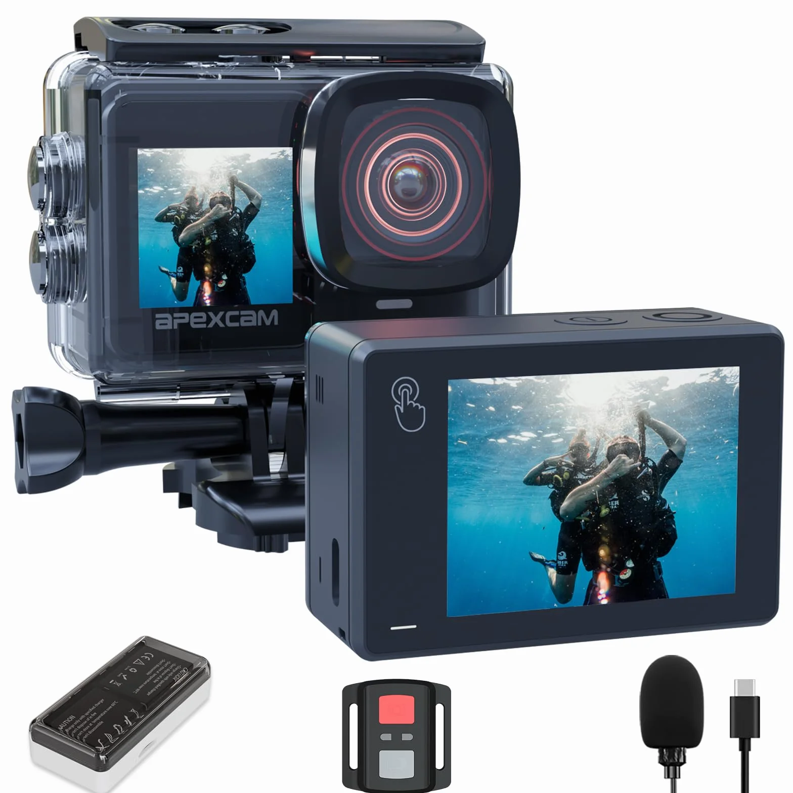 Apexcam Nuovo X80pro Doppia Screen Action Cam 4K60FPS 8X Zoom EIS 64MP Ultra HD WiFi Fotocamera Sportiva Telecamera subacquea 40m Impermeabile 2.4G Telecomando 2x1350mAh Batterie