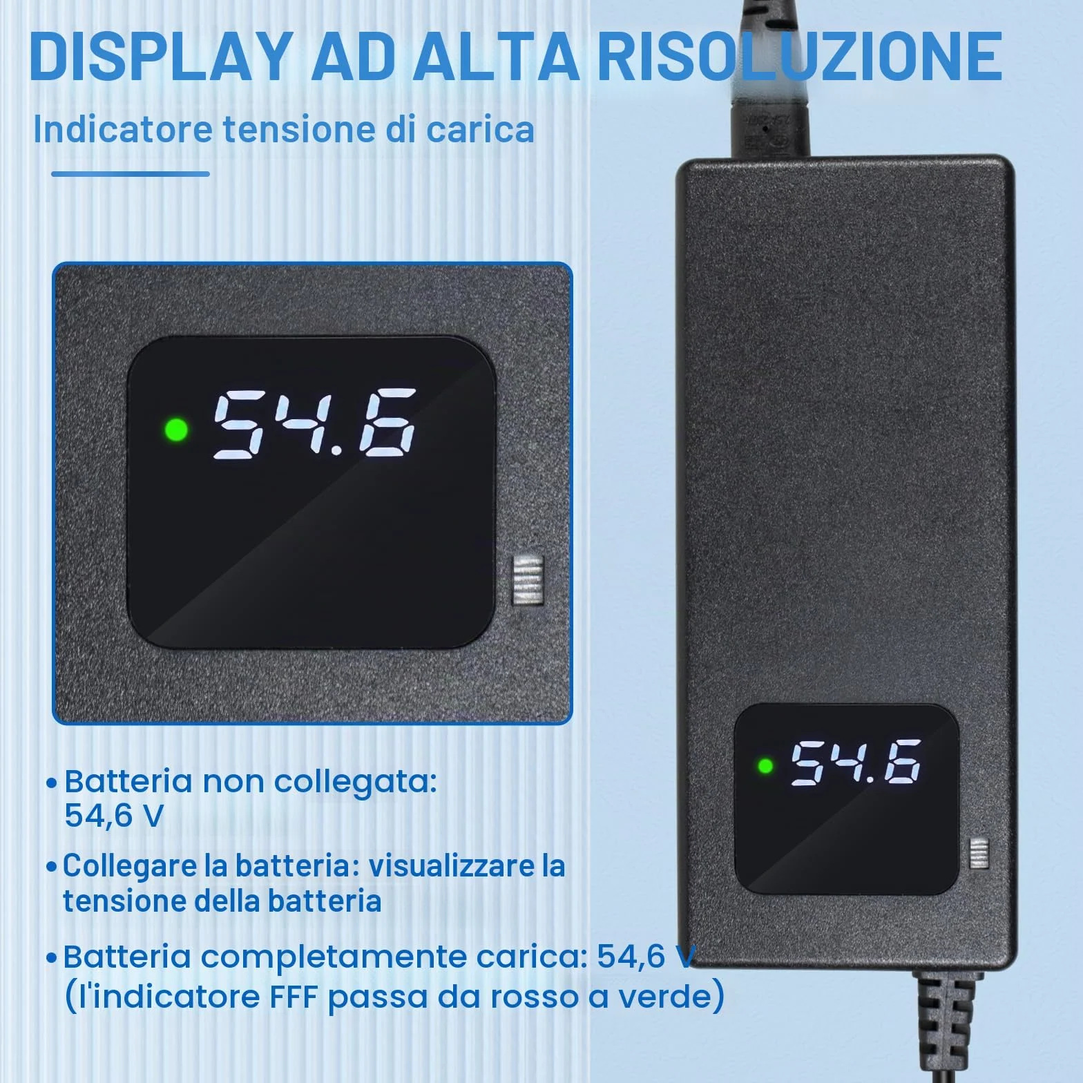 Caricabatterie da 54,6 2 A per scooter elettrico, 48 V, 13 s, batteria agli ioni di litio a 1 foro, spina da 5,5 x 2,1 mm, alimentatore di rete da 48 V con ventola integrata, con display per la
