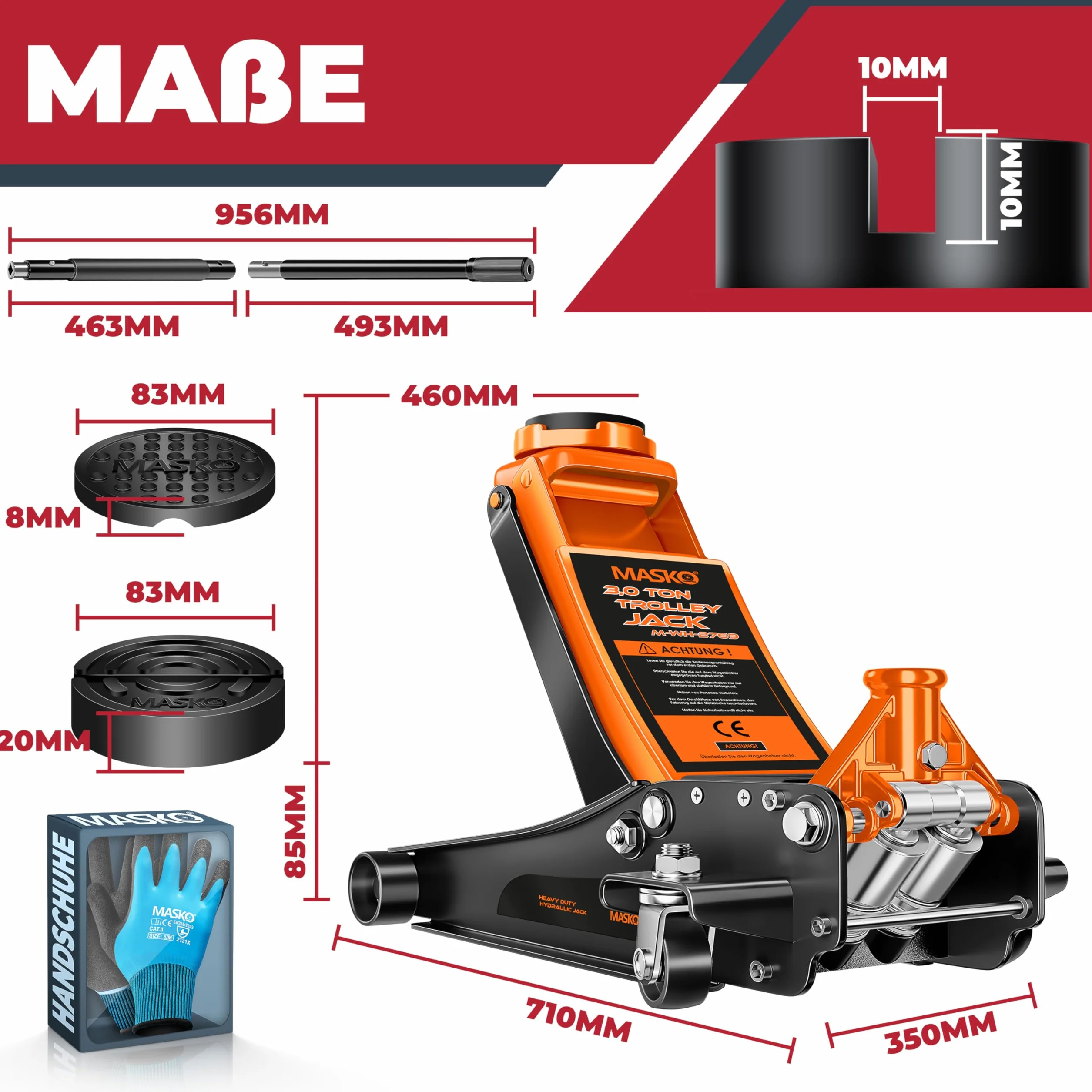 MASKO Cric idraulico 3T altezza sollevamento 70-470 mm doppio pistone 360°
