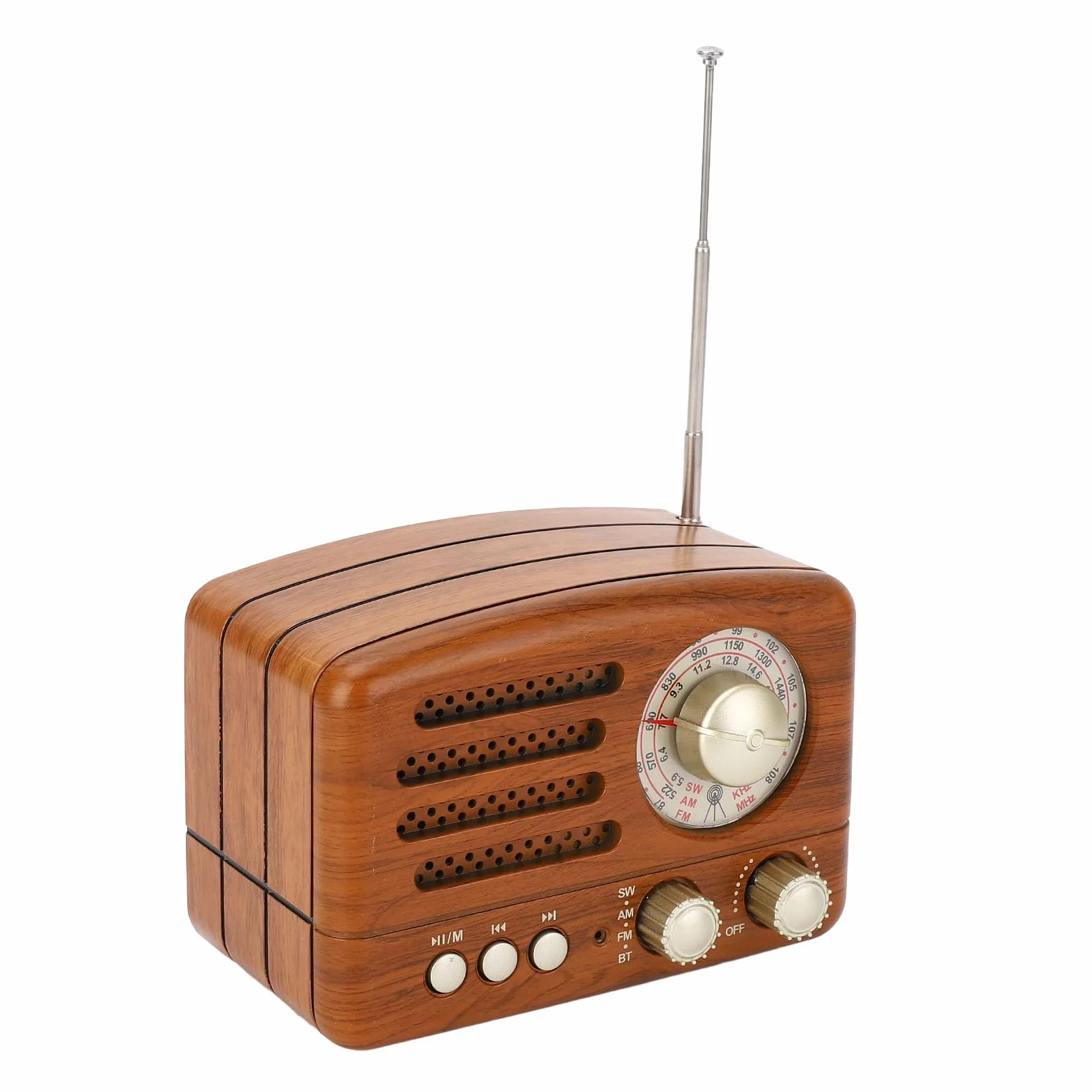 Radio AM FM vintage Altoparlante retrò portatile USB con antenna regolabile, batteria 1800mAh, legno
