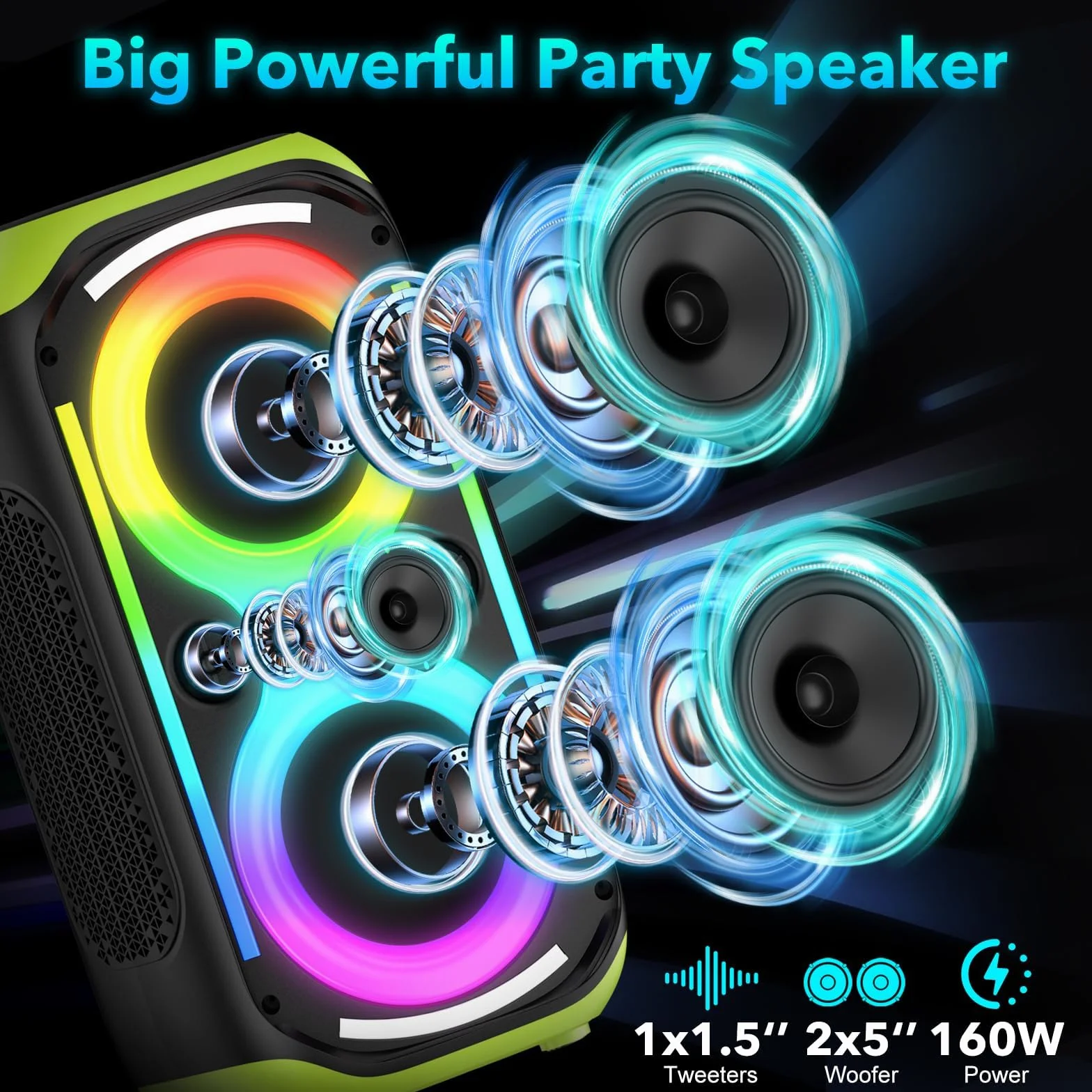 Altoparlante Bluetooth 160W forte Boombox senza fili portatile grande potente suono basso profondo TWS grandi altoparlanti di festa a casa all'aperto con luci a LED del subwoofer (Nero)