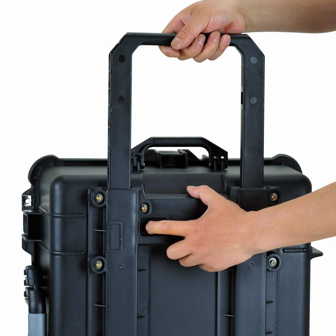 MEIJIA Custodia rigida impermeabile per tutte le stagioni con maniglia retrattile e ruote girevoli, inserto in schiuma personalizzabile, adatta per fotocamera, droni, attrezzature, elegante nero