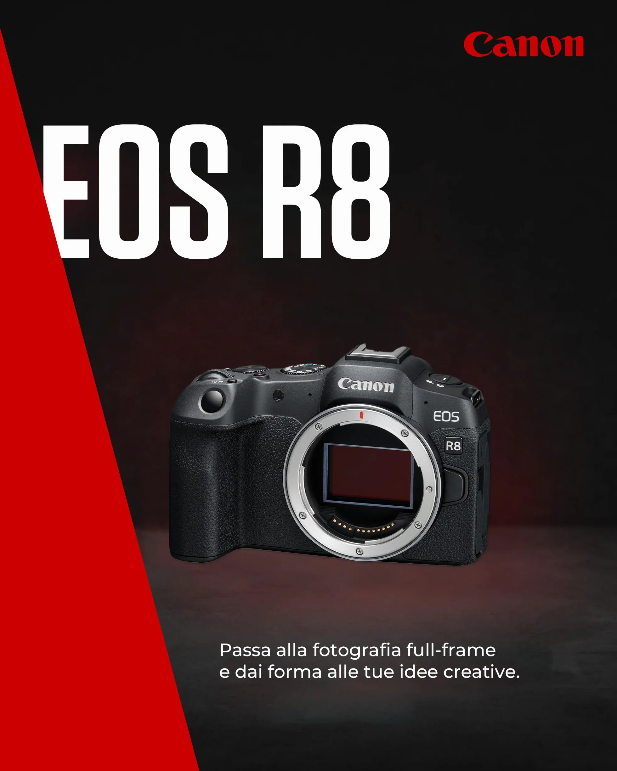 Canon EOS R8 (Corpo) – Macchina Fotografica Mirrorless Full Frame 24,2MP, Dual Pixel CMOS AF II - Videocamera 4k Fino a 60p - Scatto Continuo 40 fps – Schermo Direzionabile - Connettività Bluetooth