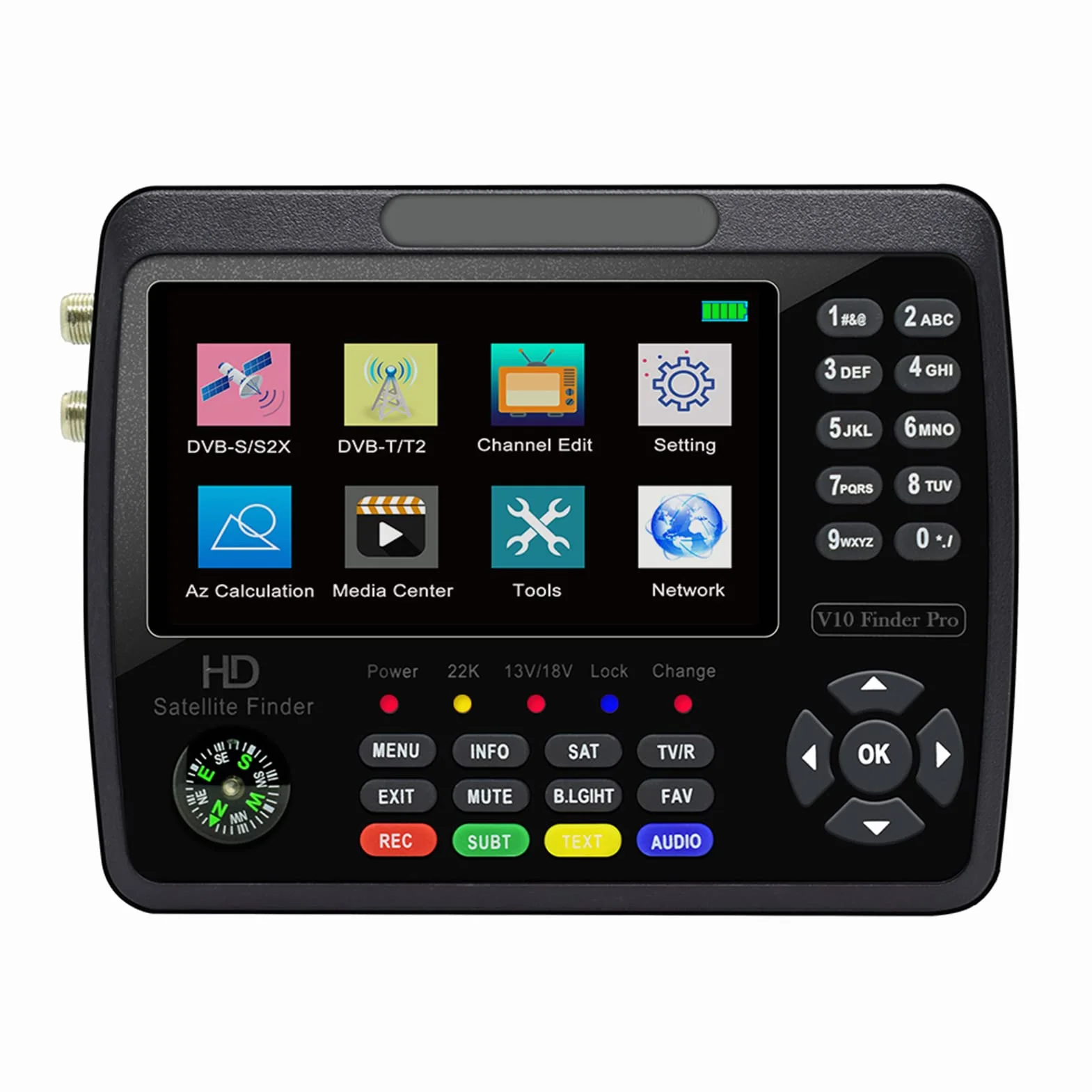 V10 Pro, mirino satellitare, segnale di segnale HD, satellite TV DVB-S/S2/S2X/T/T2 COMBO Misuratore di segnale digitale digitale H.265 LCD da 4,3 pollici per la regolazione della ciotola