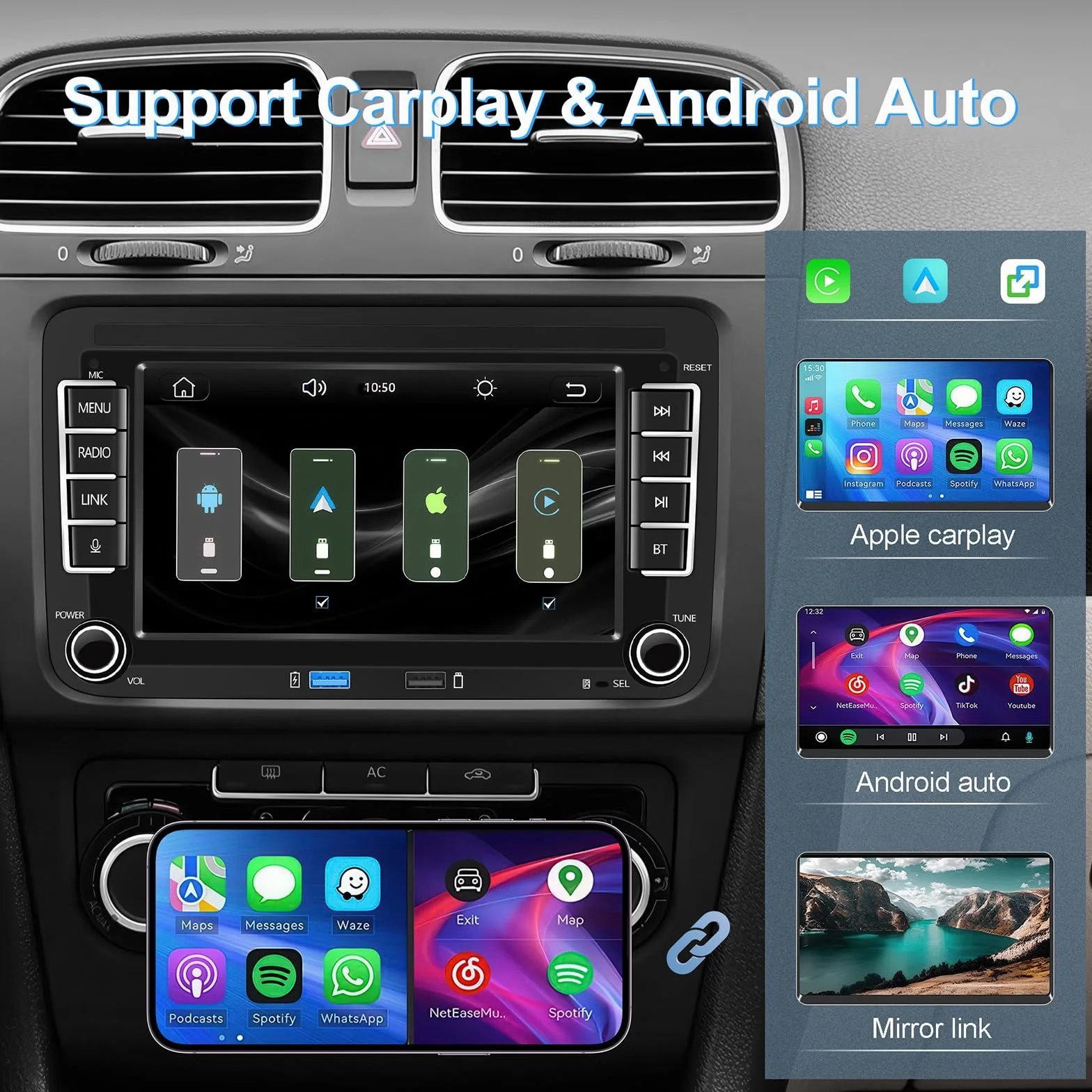 Autoradio con schermo compatibile con VW Golf 5/6, Passat, Skoda, Polo, T5, Jetta e altri modelli | CarPlay e Android Auto wireless integrati | Supporta AM/FM/RDS, USB, Bluetooth