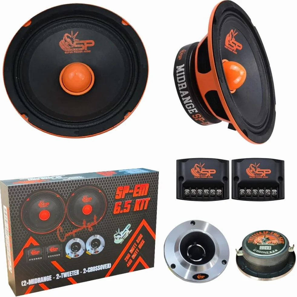 SP Audio SP-EM6.5 KIT, 1 Kit a 2 Vie da 6,5" 16,5 cm 165 mm, 200 Watt RMS 400 Watt Max, 4 Ohm, 2 Midrange, 2 Tweeter, 2 Crossover, Portiere, Sportelli, Per Auto
