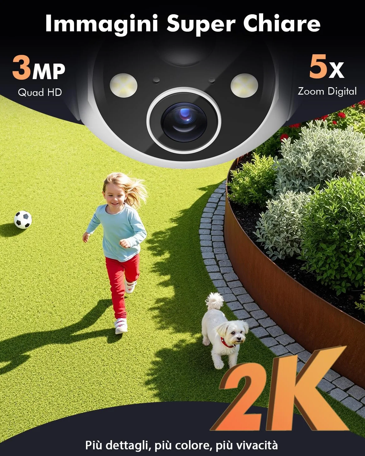 YESKANO 2K Telecamera Wi-Fi Esterno Senza Fili Con Pannello Solare, 360° PTZ Videocamera Sorveglianza A Batteria, Visione Notturna A Colori, Rilevamento Umano/PIR con Allarme, 2 Vie Audio, 2.4GHz,IP66