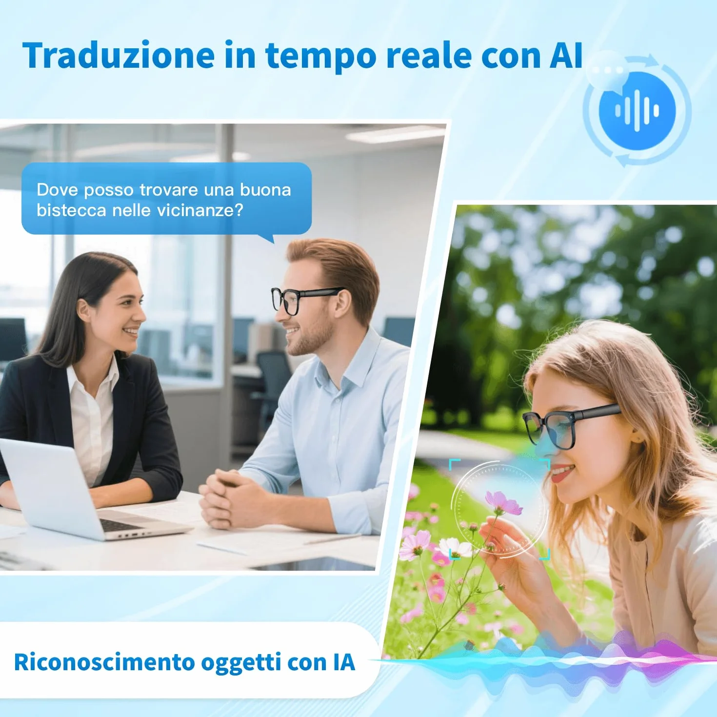 Occhiali intelligenti da 32 GB con intelligenza artificiale, dotati di fotocamera 4K con stabilizzazione dell'immagine, registrazione video e traduzione in tempo reale, lenti fotocromatiche