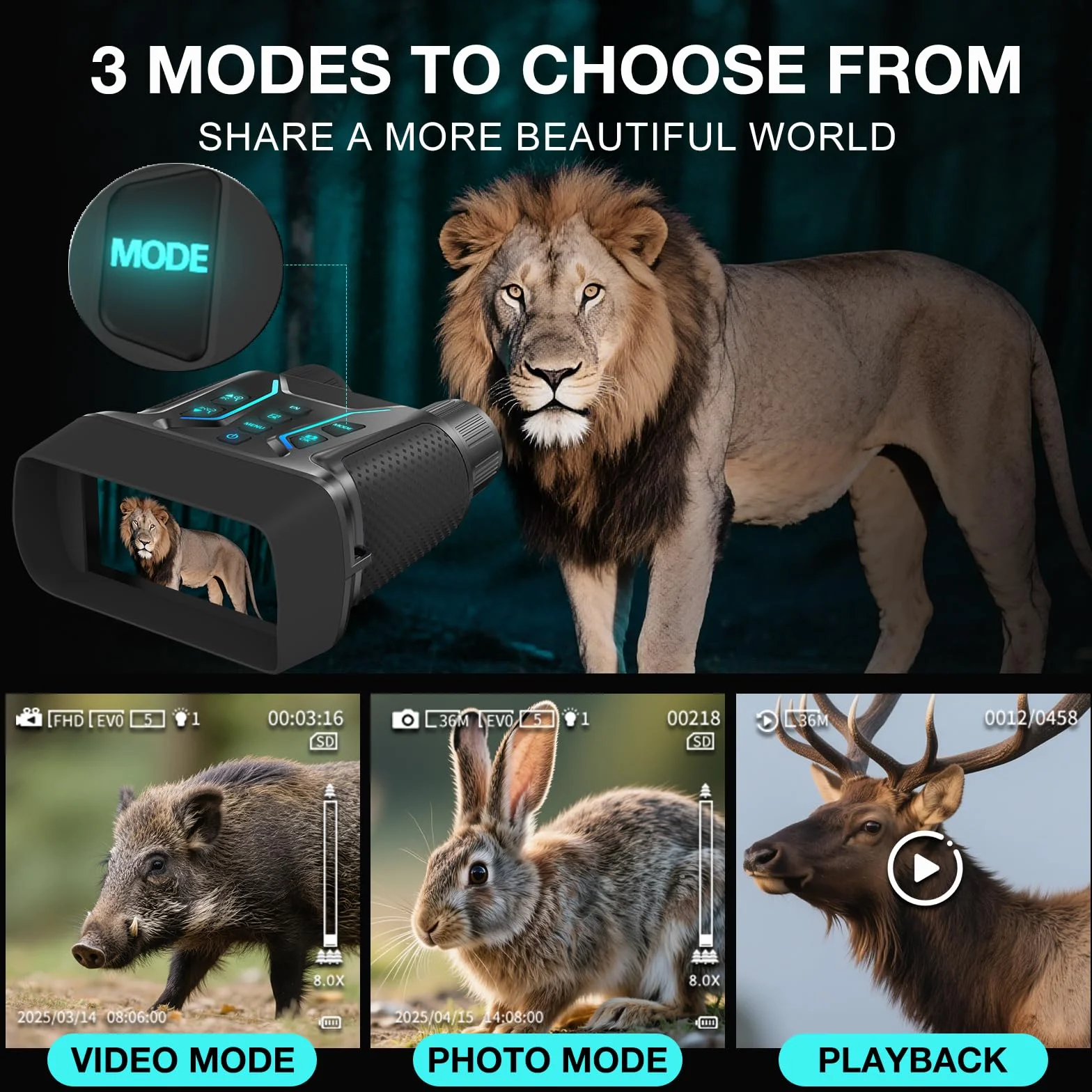 Visore Notturno 4K 36MP Binocolo Visione Notturna Zoom Digitale 8X e Scheda 32GB per Foto e Video, Display HD da 4.5" 7-Livelli Infrarossi Visore Notturno Binocolo Vista 400M per Campeggio
