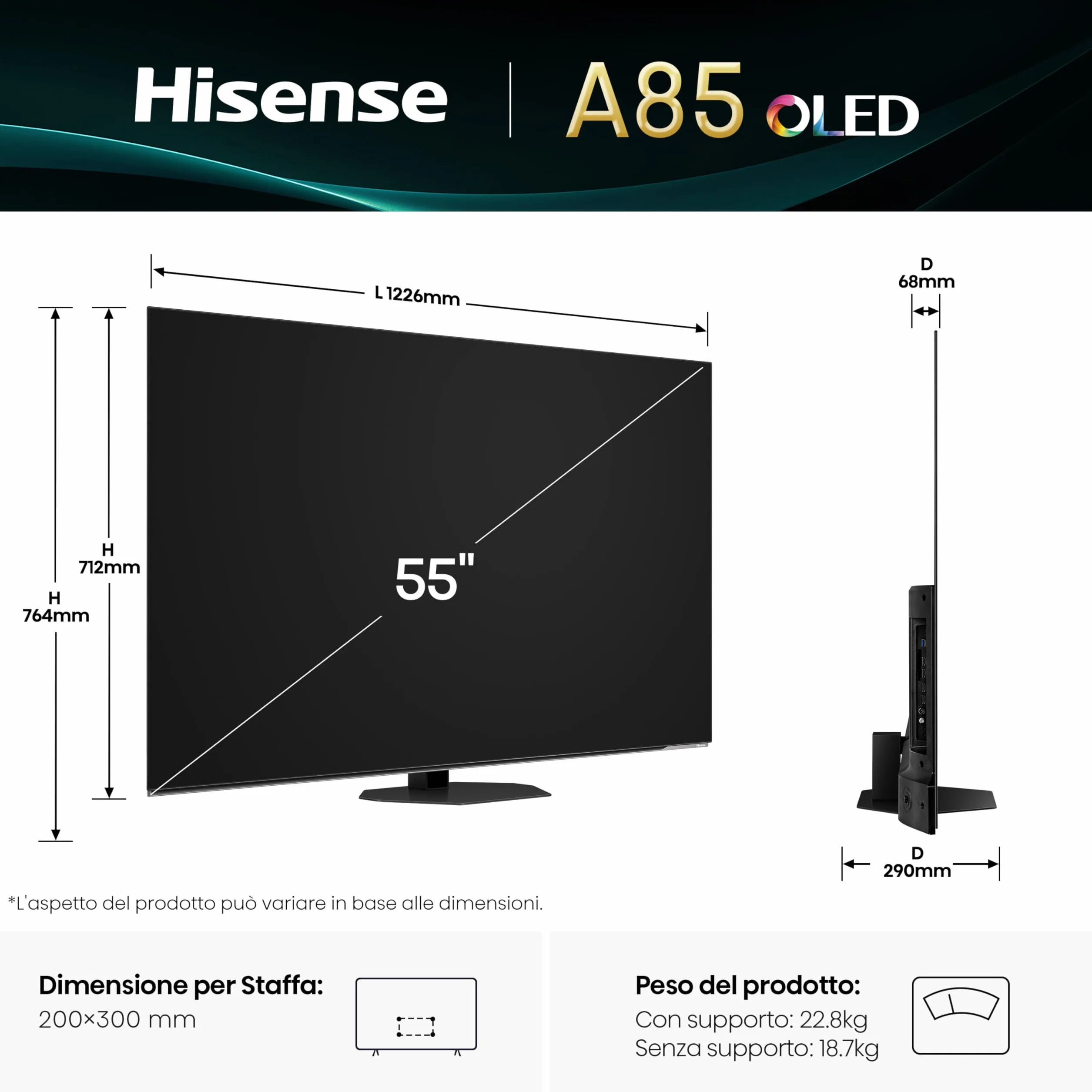Hisense 55A8DQ Smart TV OLED 55" 4K VIDAA Dolby Vision IQ HDR10+ Adaptive 120Hz Game Mode PRO Audio Dolby