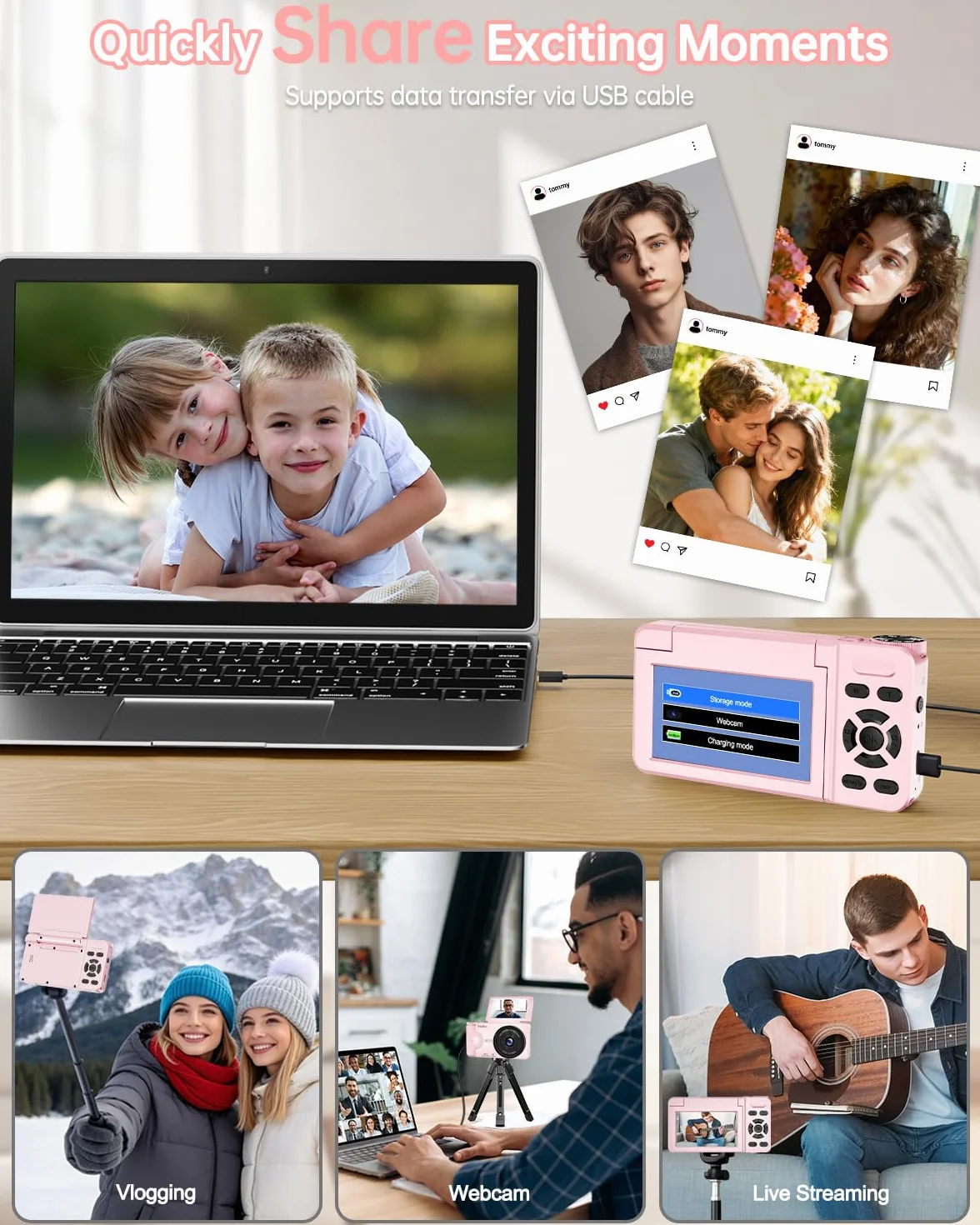 Fotocamera Digitale 4K Videocamera con Schermo 3" Rotante 180° per Vlog, Ponovo Macchina Fotografica Compatta 64MP Autofocus con Zoom Digitale 18X, 2000mAh Fotocamera Portatile 32GB per Studenti Festa