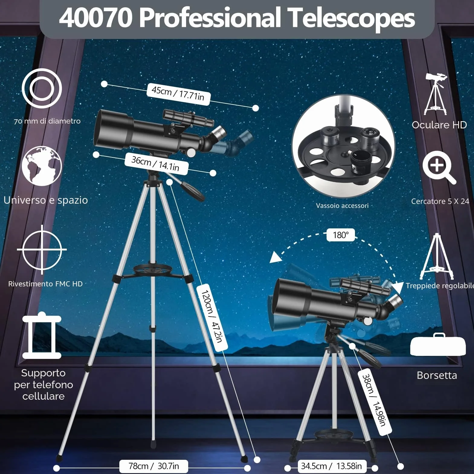 Telescopio, Astronomia Telescopio Professionale 70/400mm per Principianti con Cannocchiale 5 x 24 e Treppiede, Refrattori Telescopi per Bambini Adulti, per Luna Pianeta Guarda(Nero)