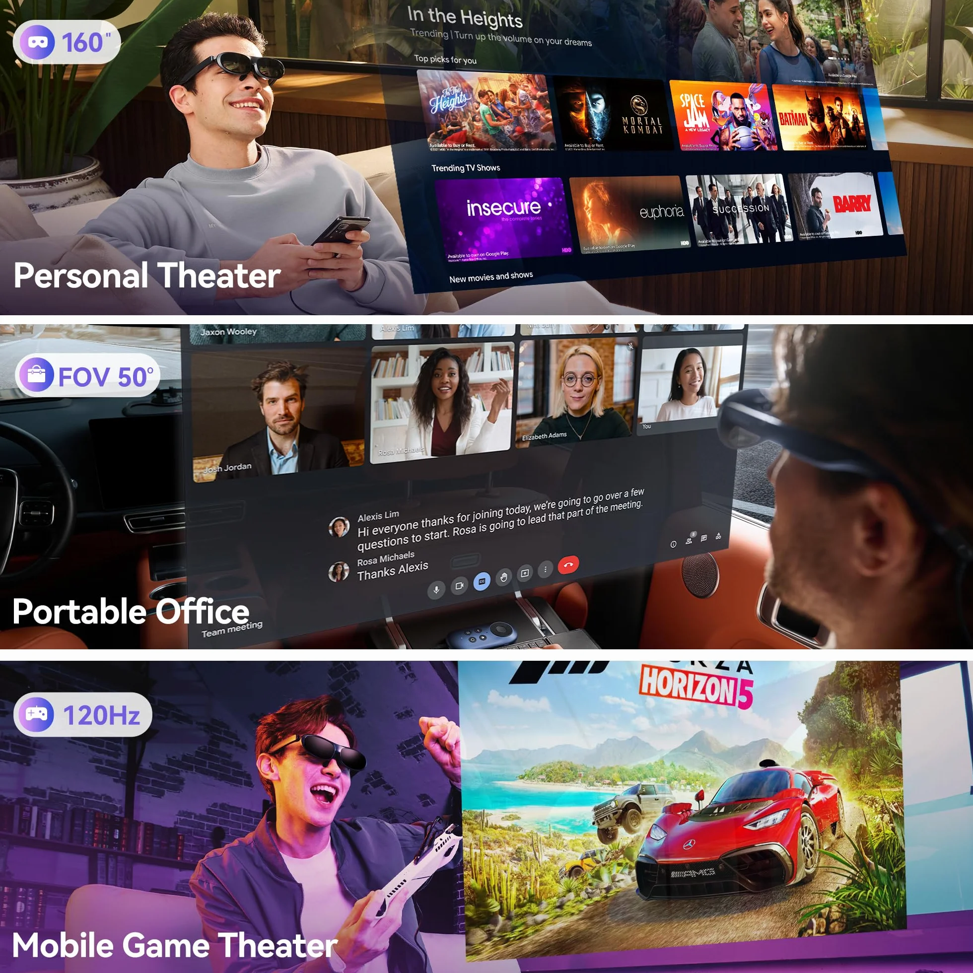 Rokid Max Occhiali AR con Teatro Virtuale Micro-OLED da 360'', Campo Visivo di 50° e Luminosità di 600 nits, Supporto HDCP, Compatibile con iPhone 15, Android, Console e Computer