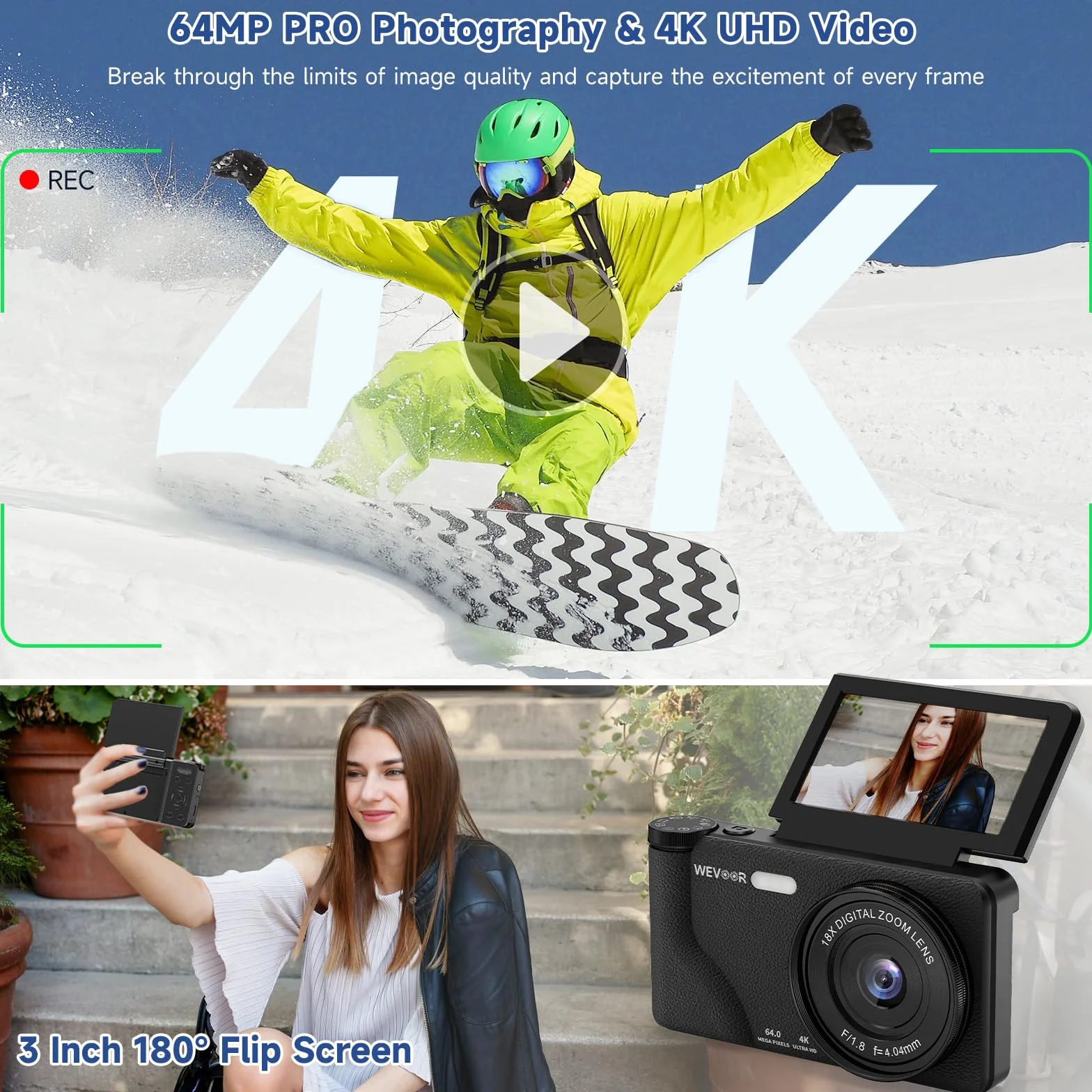 Macchina Fotografica Digitale 4K 64MP, Wevoor Fotocamera Digitale Compatta 32GB con Flip 180° da 3", Zoom Digitale 18x, Batteria da 2000 mAh, Digital Camera Per Principianti Adolescen Bambini - Nero