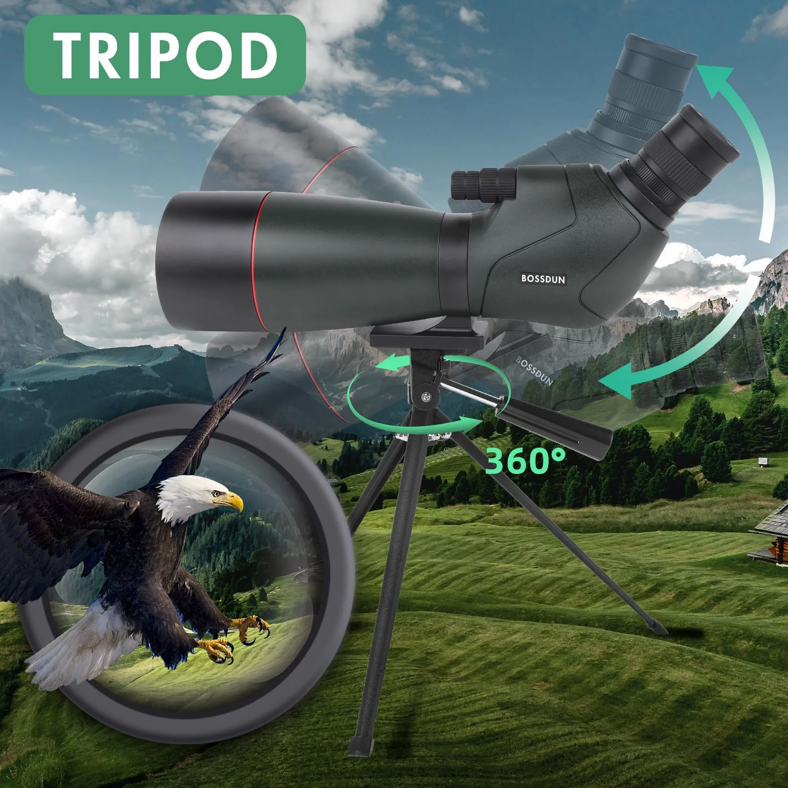 Cannocchiale,telescopio impermeabile con treppiede con prisma BAK4, adattatore per telefono, borsa per il trasporto, per l'osservazione degli uccelli e la caccia (MY-GN0039G(25X))