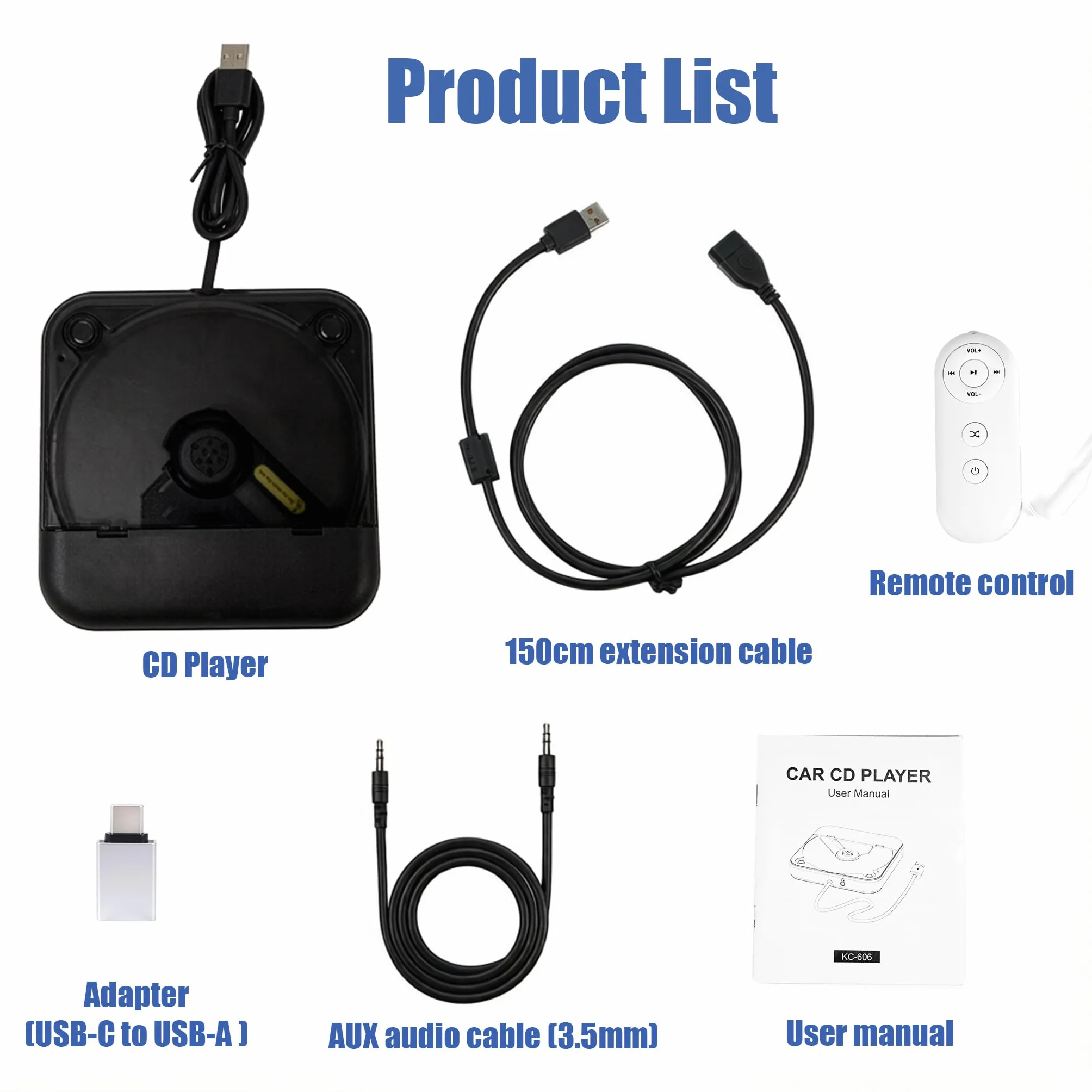 Lettore CD per auto con silicone anti-shock, porta USB, cavo prolunga, nero