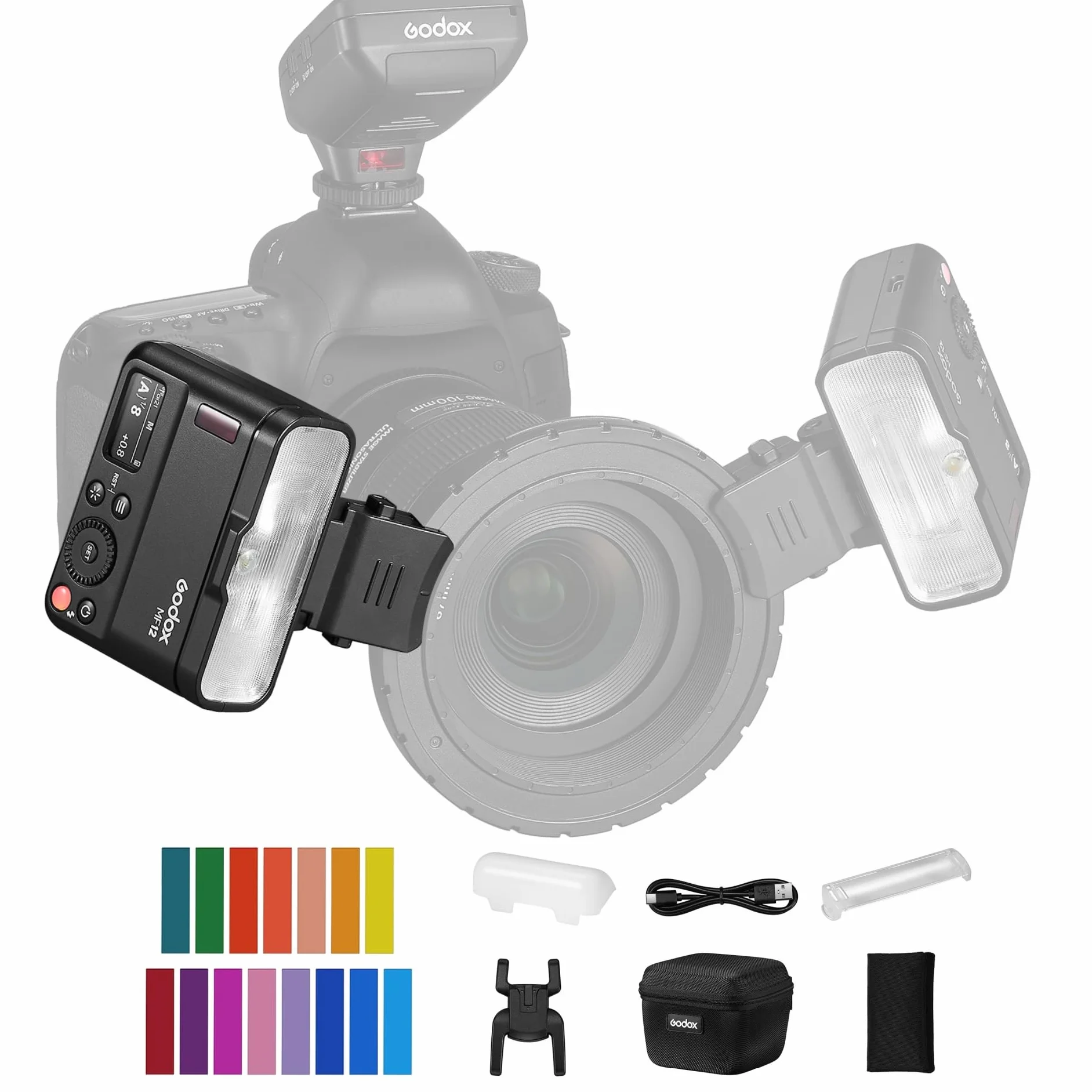 GODOX MF12 Macro Flash 2.4G Controllo della trasmissione wireless Numero guida 16 Modalità TTL M con filtro colorato Cold Shoe per ritratti di piante Insetti Cibo Gioielli Fotografia Macro