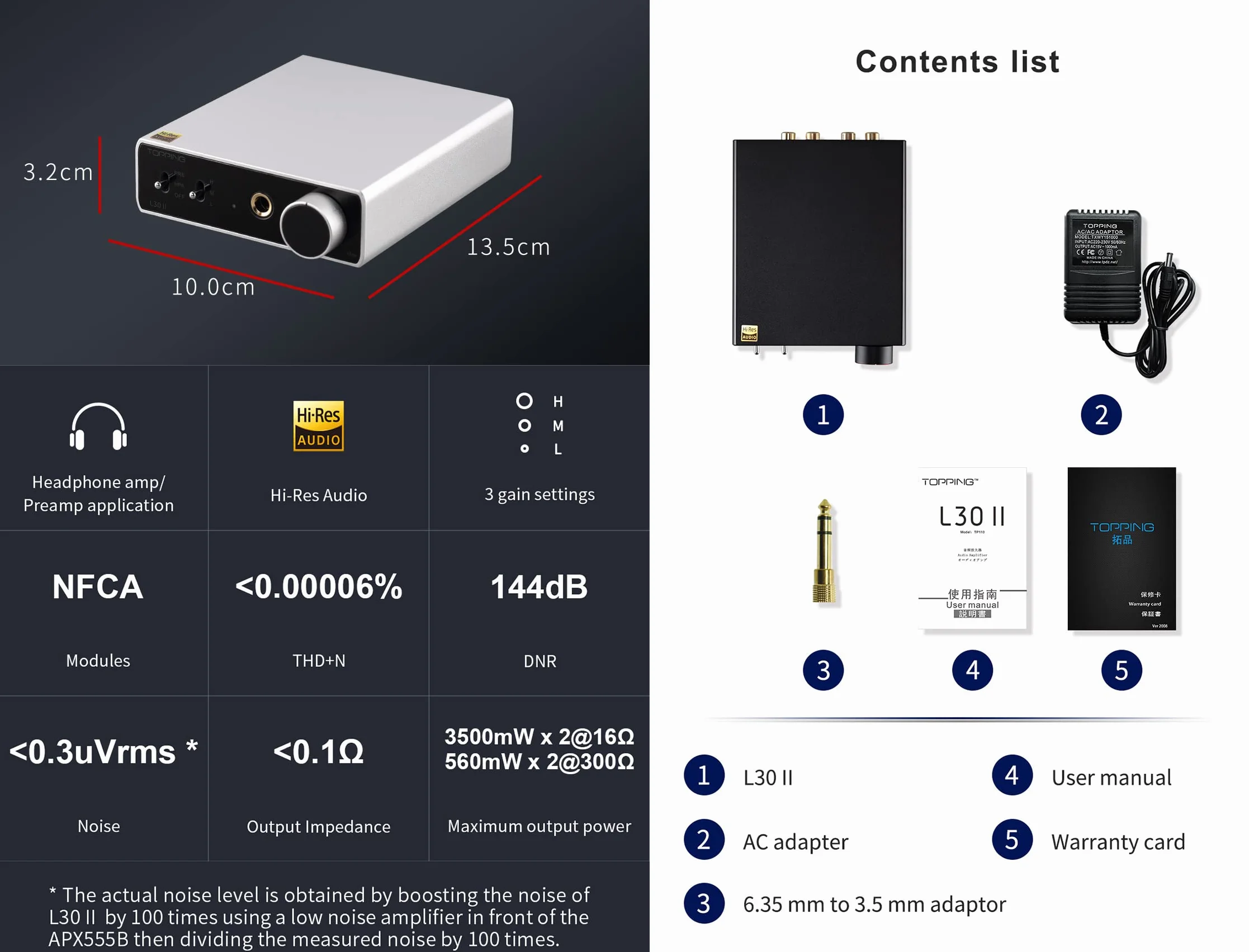 TOPPING L30 II NFCA Amplificatore per cuffie lineare - Jack da 6,35 mm Adattatore da 3,5 mm Ingresso e uscita RCA 37Vpp Mini amplificatore HiFi Uscita preamplificatore audio Nero