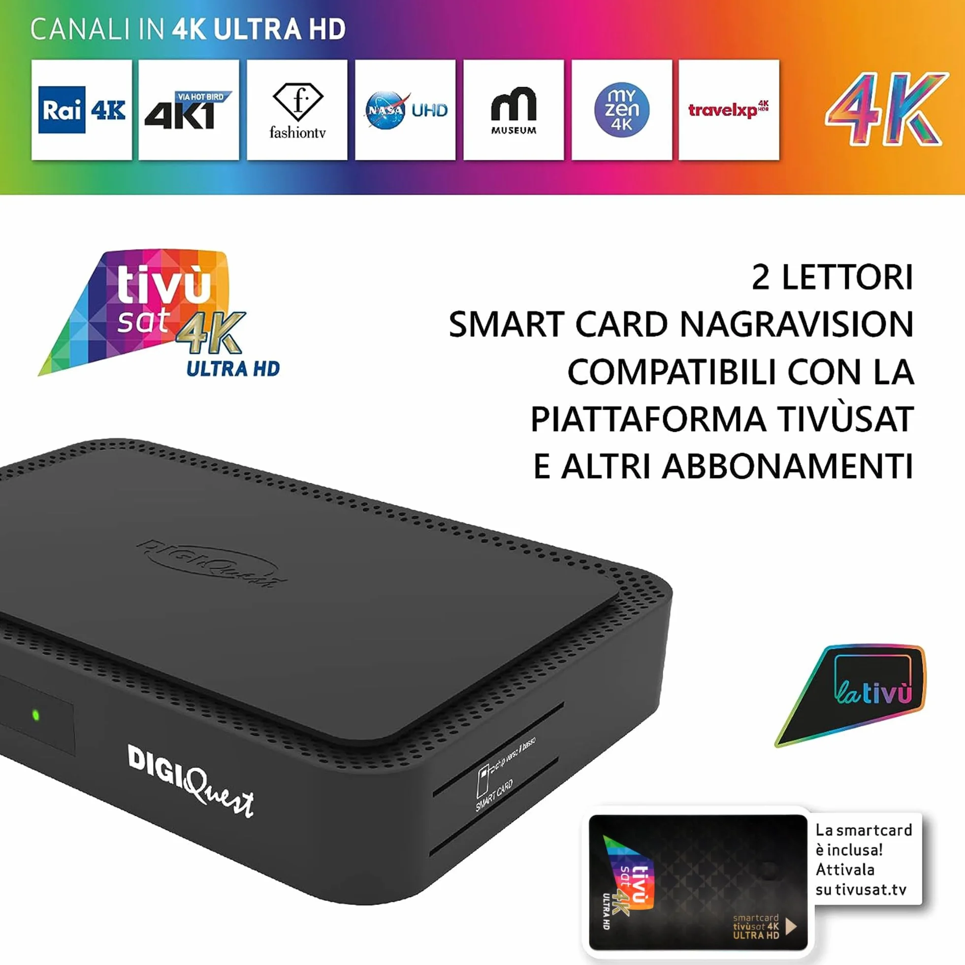 DigiQuest Q99 - Ricevitore satellitare 4K con scheda TiVuSat attivata Nero + WiFi Stick - Italia TV Rai Mediaset LA7, HEVC HDR, PVR Ready, LAN, USB, ricevitore certificato + cavo HDMI HTS e-com