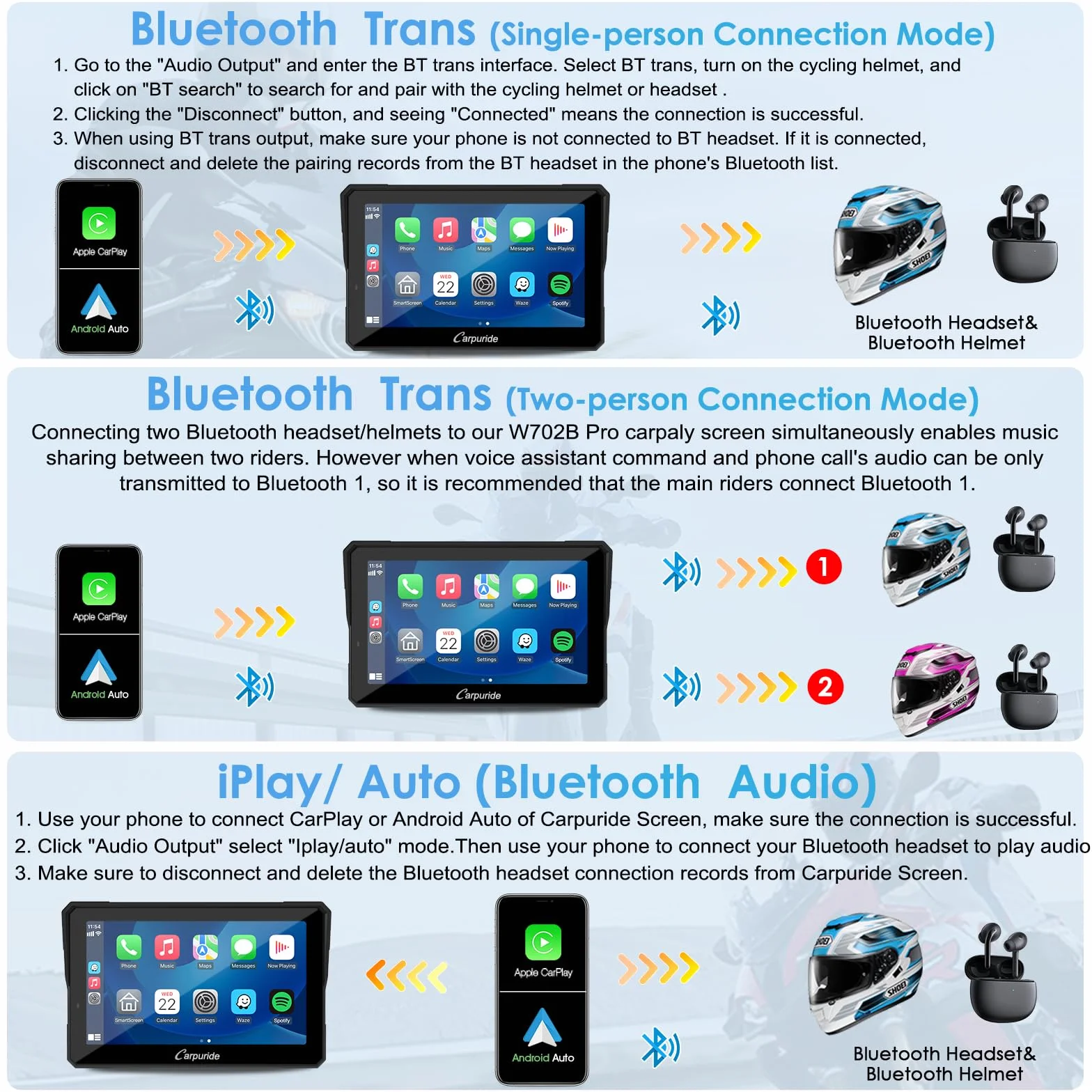Carpuride W702B Pro Moto Carplay Schermo con Supporto per BMW Moto, Wireless CarPlay e Android Auto, 7 Pollici Impermeabile Touchscreen, Doppio Bluetooth, Interfono Funzione, Navigazione.