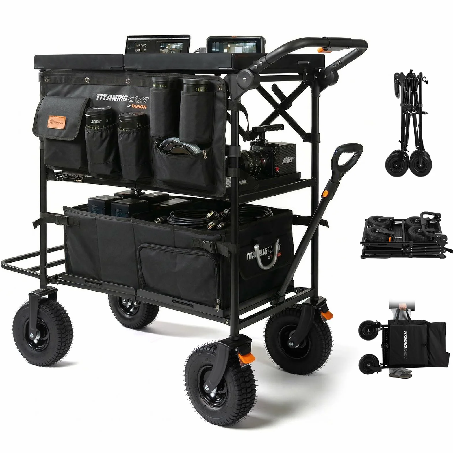 TARION Carrello Fotografico con Ruote Pieghevole: Leggero Facile da Montare e Smontare Compatto per Trasporto Con Piastra Estensibile Manico Regolabile e Borsa Portaoggetti Titanrig Cart Pro