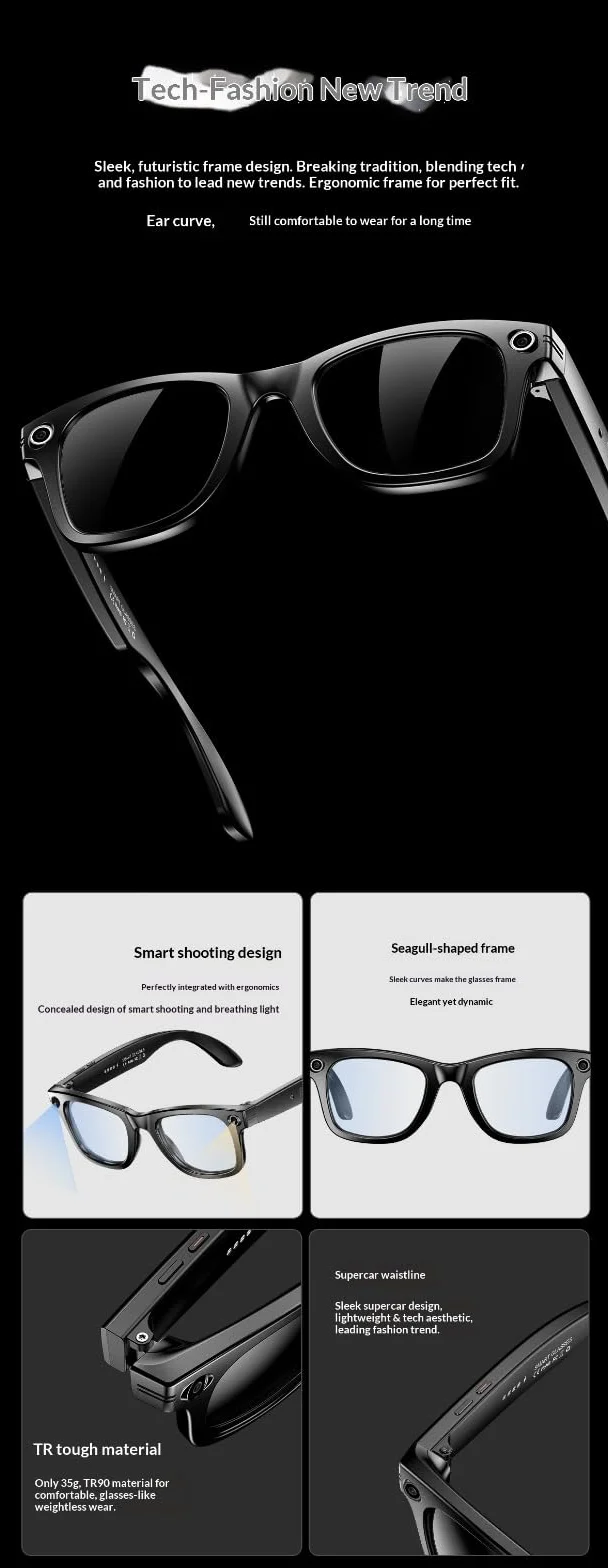 Occhiali intelligenti per traduzione e riconoscimento alimentati dall'AI, occhiali Bluetooth con fotocamera ad alta definizione, fotocamera da 8 MP, batteria da 260 mAh, traduzione in tempo reale