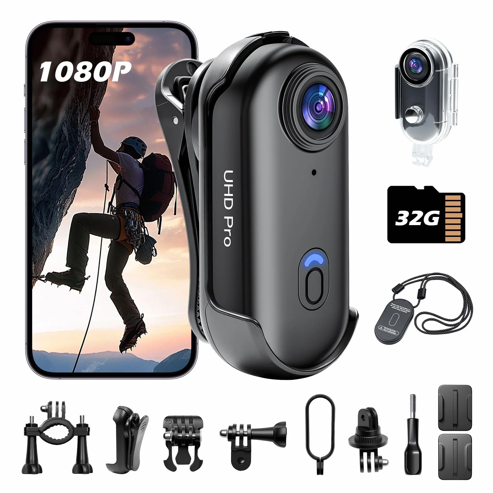 Mini Action Cam, 32GB Mini Telecamera Sportiva Body Cam Telecamera,HD 1080P Fotocamera Subacquea 30M, 120° Videocamera Sportiva WiFi per Pollici Bici Moto Casco Sci Surf con Accesorios Multiples