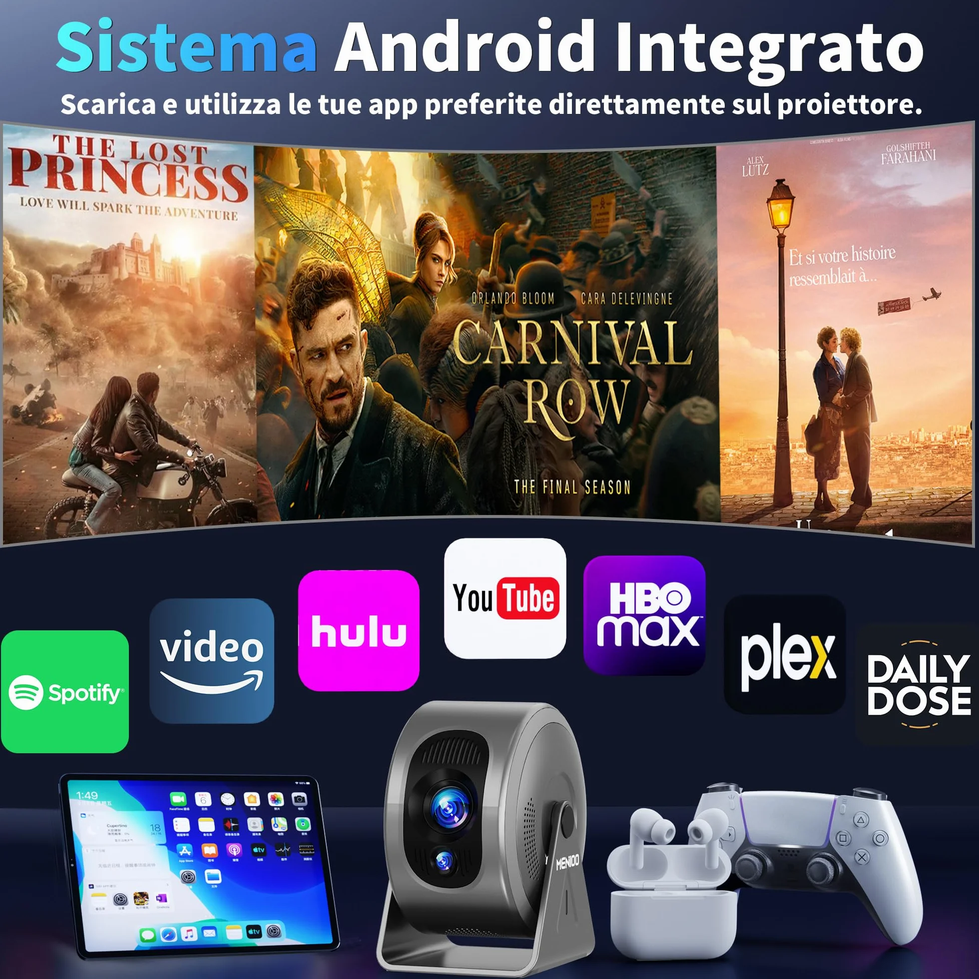 Mini Projector [Integrated Apps & 2026 Upgraded] Supporto 4K 1080P, Portable Projector Auto Focus/Keystone avec WiFi 6 et Bluetooth 5.4 Correction 360°Rotation, Mini Proiettore Home Theater - Grigio