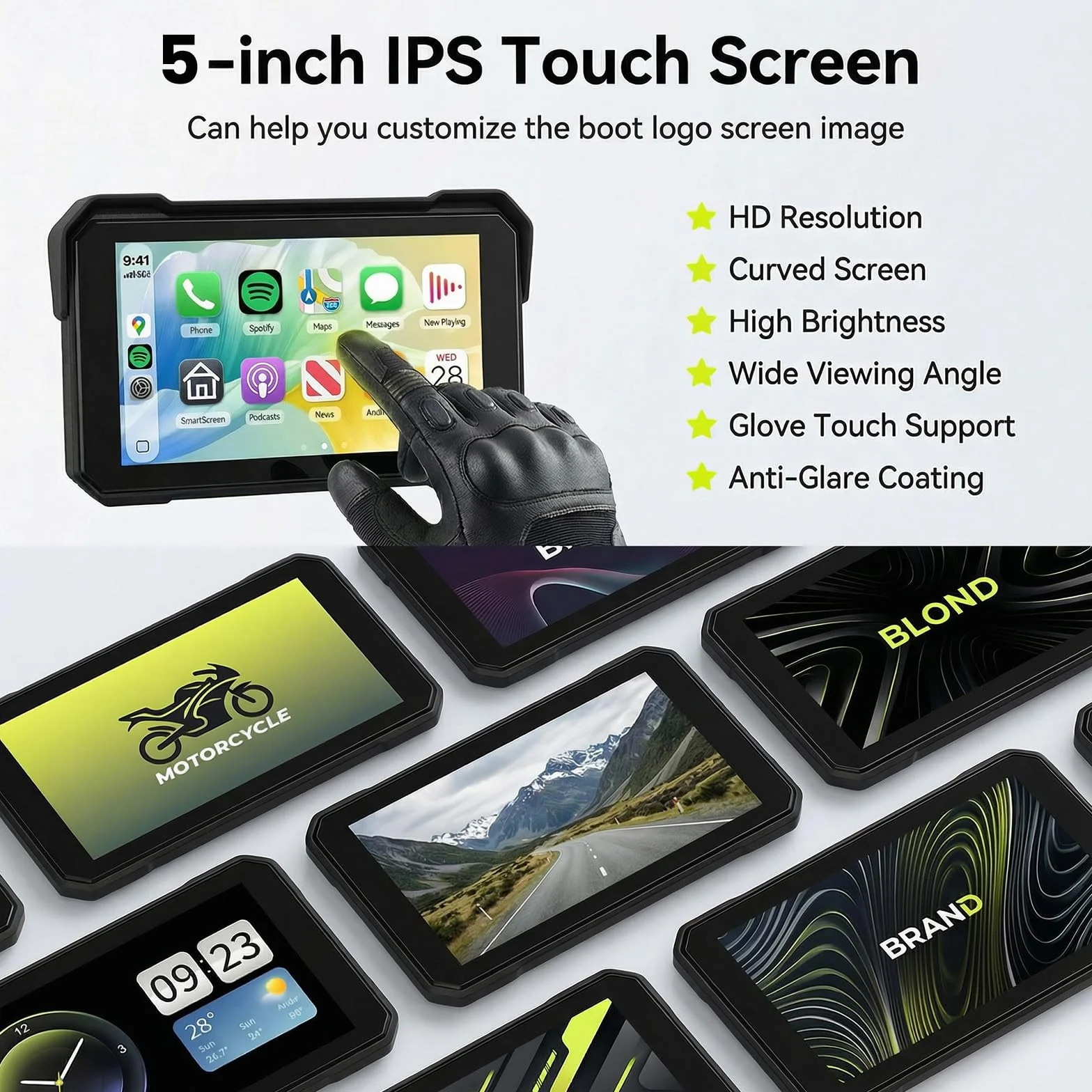 Rimoody Carplay Senza Fili Schermo per Moto 5 Pollici Touchscreen Autoradio Portatile IP68 Impermeabile Android Auto Bluetooth Rilevamento Pressione Pneumatici 12V