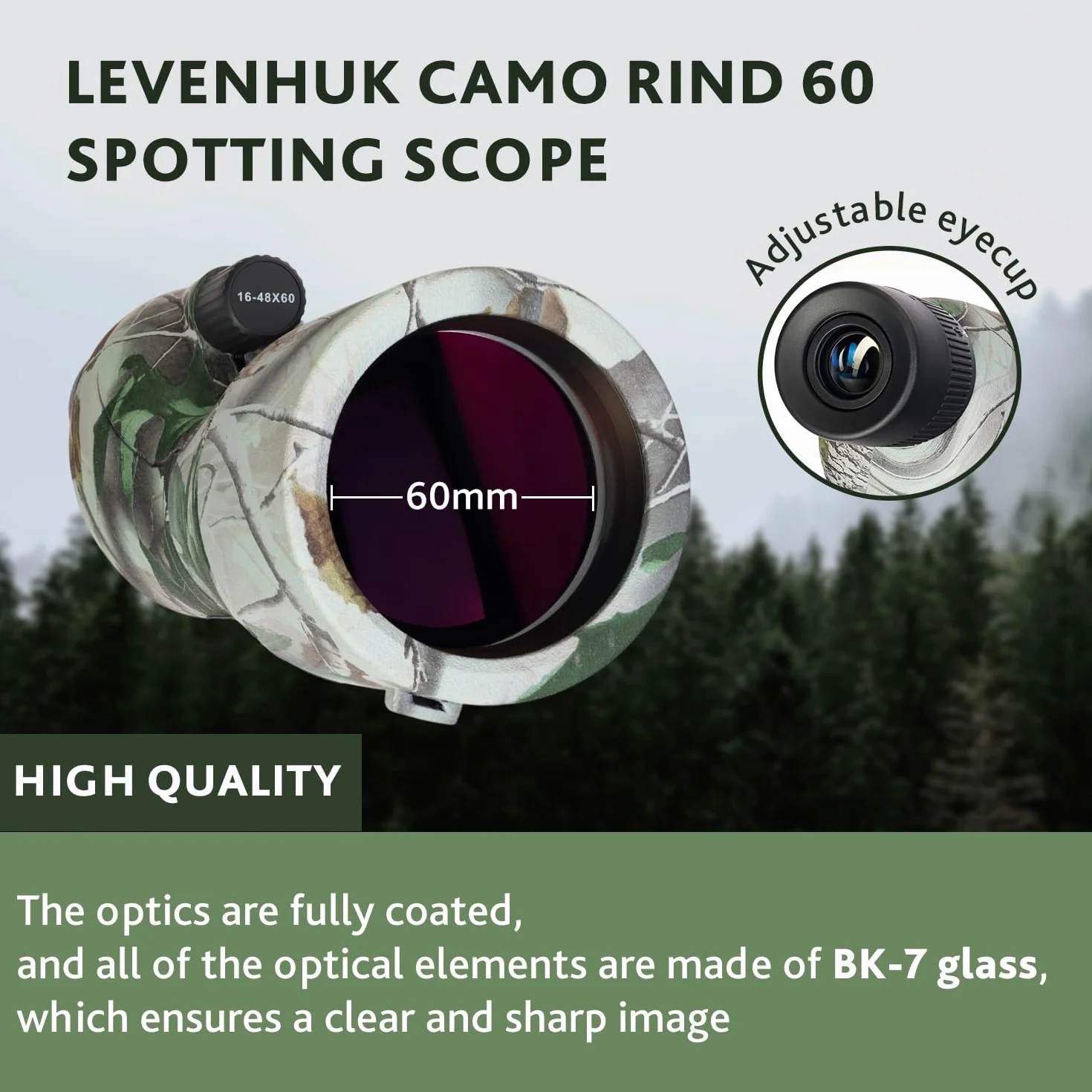 Levenhuk Camo Rind 60 – Cannocchiale Terrestre con Treppiede, Zoom 16-48x, Ottica BK-7 Fully-Coated, Design Mimetico – Robusto per Caccia, Arceria, Tiro a Segno, Birdwatching, Natura, Campeggio