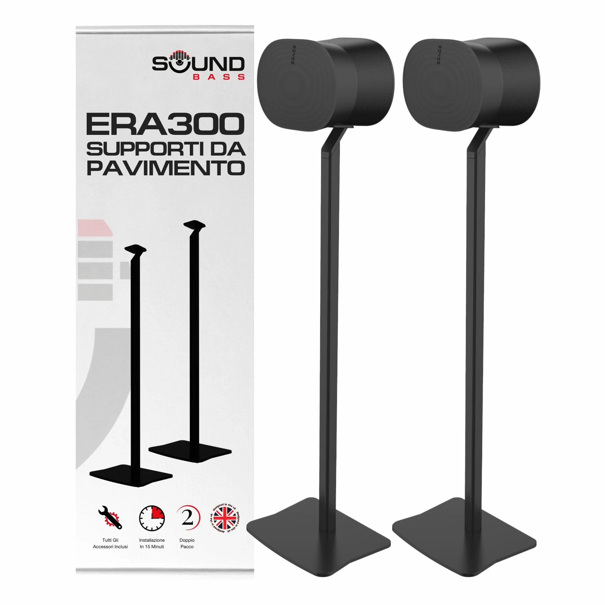 ERA300 Supporto da Pavimento, Design in metallo di Alta Qualità Supporto per Altoparlanti Compatibile con Sonos ERA 300, Accessori Inclusi, Gestione Cavi, Progettato nel Regno Unito, Nero Pacco Doppio