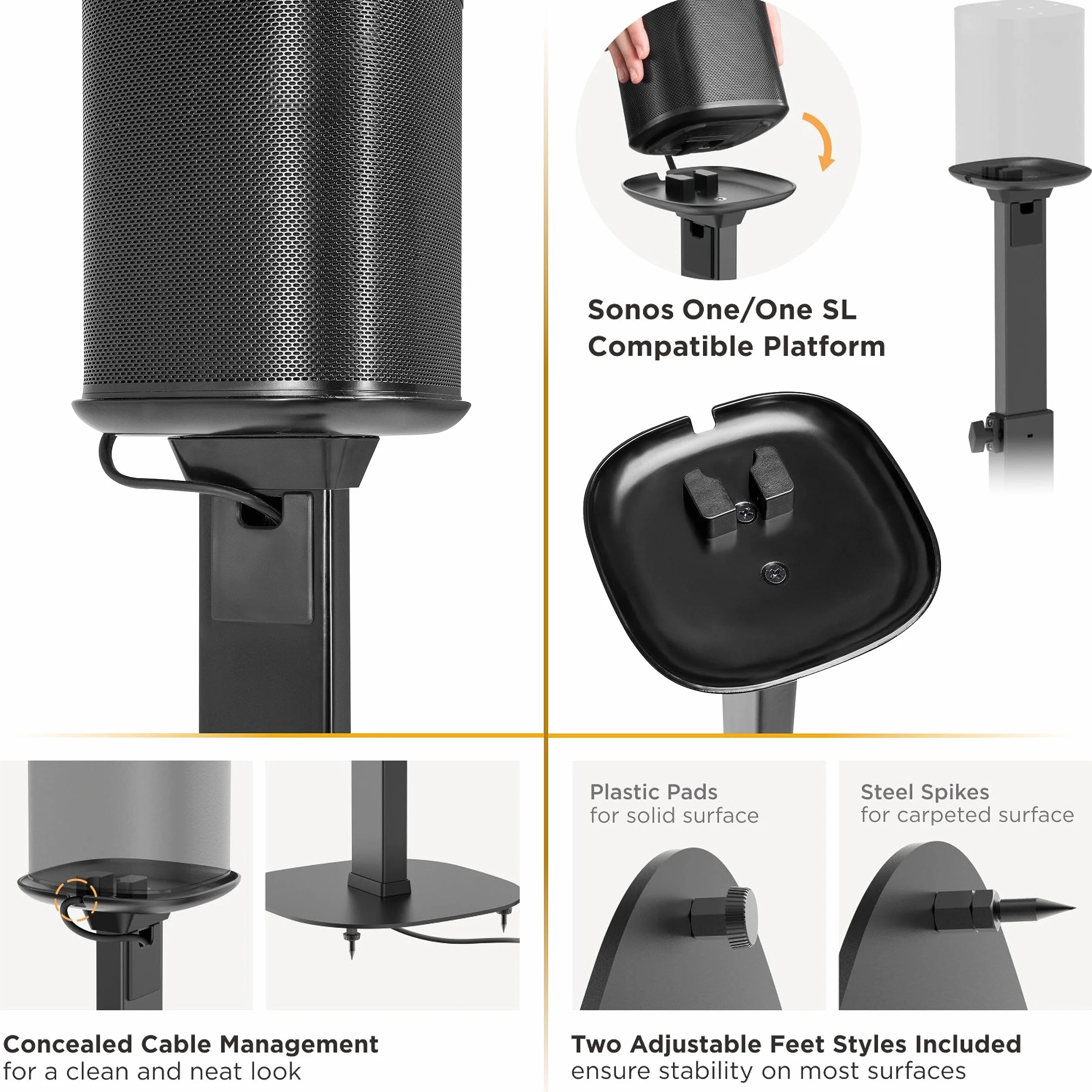 RICOO Supporto per Altoparlanti LH073 Supporti da terra per casse acustiche Supporto da Pavimento per SONOS ONE (SL) Stabile Stand con Gestione Cavi Integrata 1182 x 265 x 265 mm Set di 2, Nero