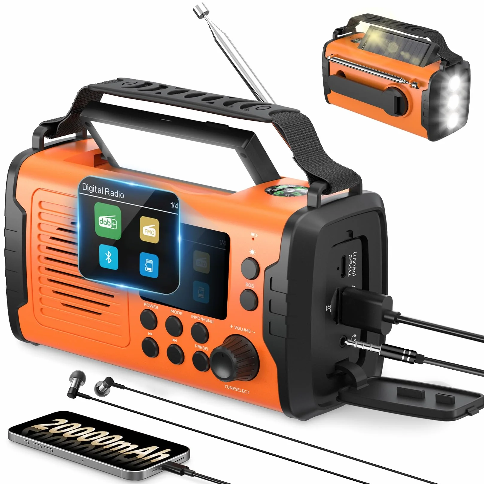Radio A Manovella DAB+ FM 20000mAh Bluetooth Solare Emergenza con Sveglia, Torcia LED (Arancione)