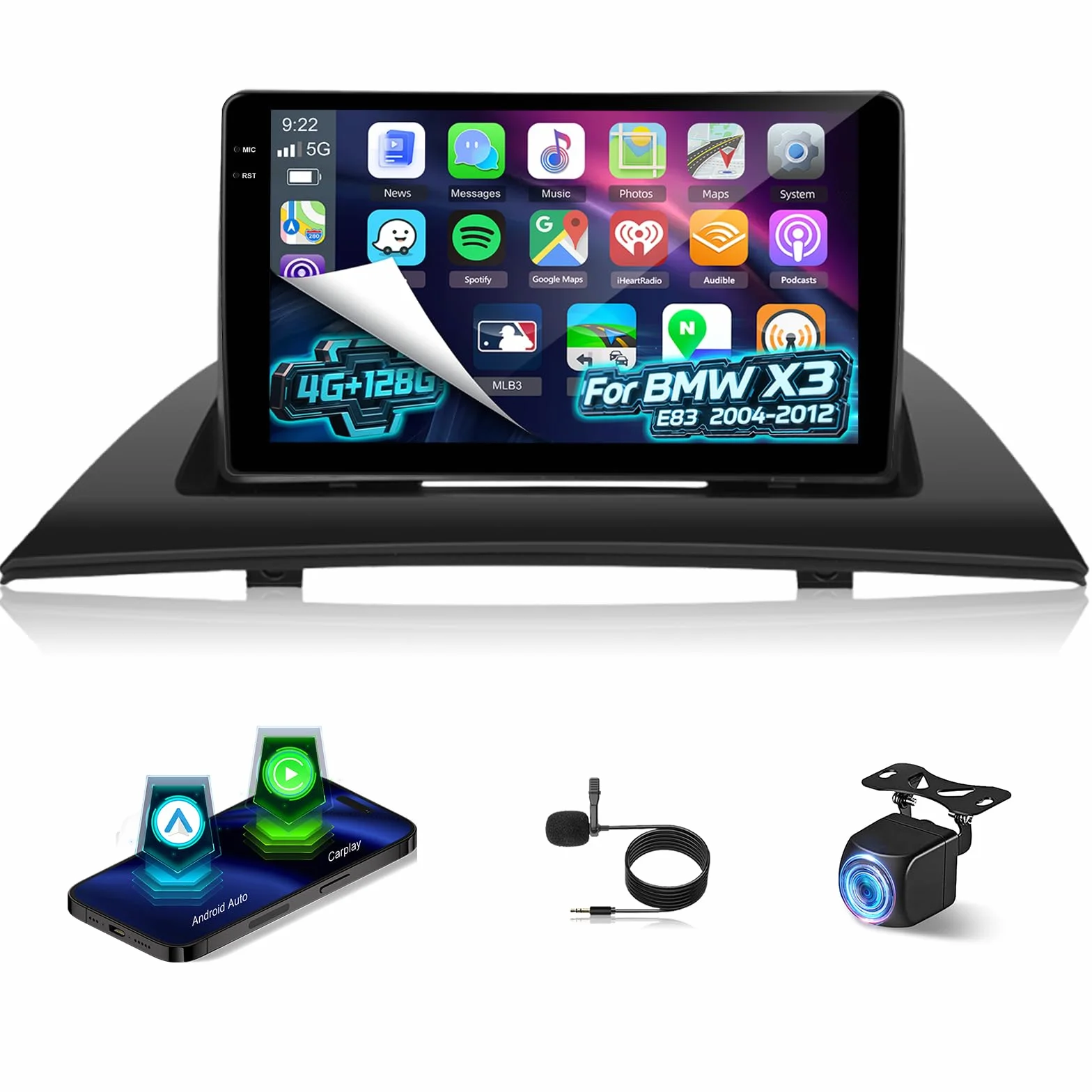 NHOPEEW Autoradio Android 4+128 GB per BMW X3 E83 2004-2012 con supporto CarPlay e Android Auto, WiFi, GPS, comandi al volante + telecamera di retromarcia,Canbus