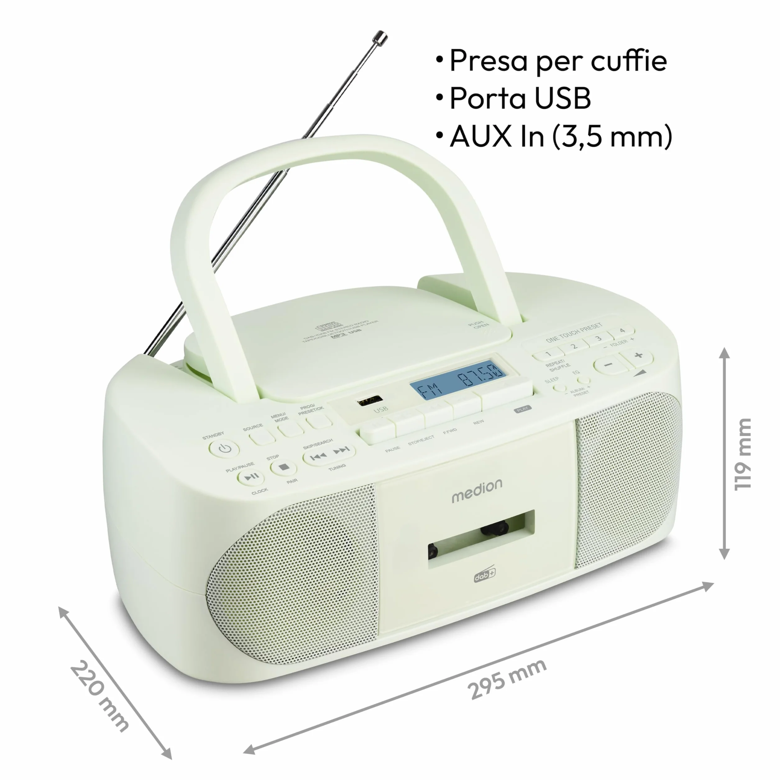 MEDION DRX-1 Plus Boombox (radio portatile DAB+ e FM, Bluetooth, lettore CD, MP3, cassetta, uscita cuffie, stereo, AUX, alimentazione rete & batteria) verde