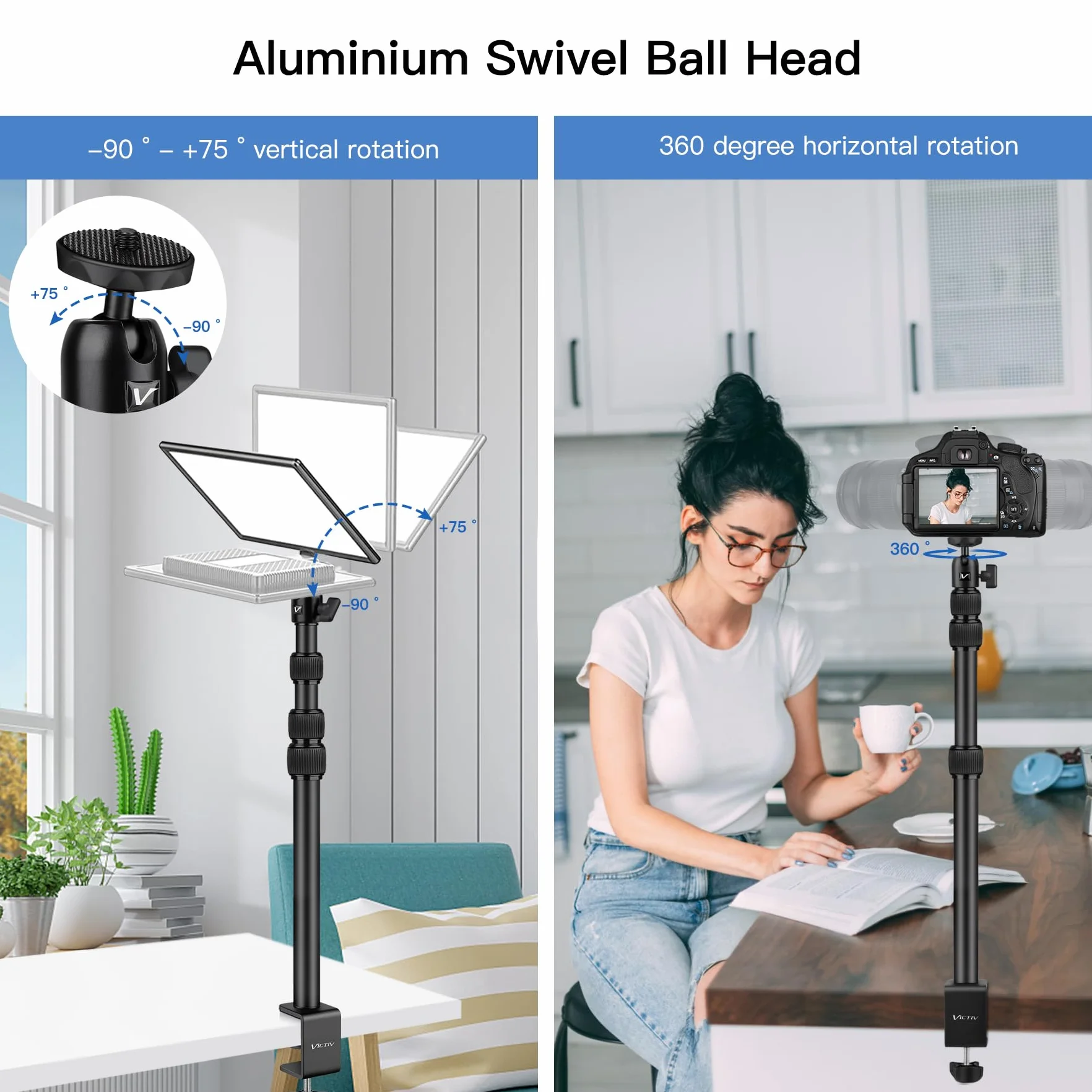Victiv 37cm-105cm Supporto per Fotocamera da Tavolo, Treppiede da Tavolo con Adattatore a Vite da 1/4" per Canon DSLR, Supporto per Lampada da Tavolo Regolabile per Fotocamera, Luce ad Anello, Webcam