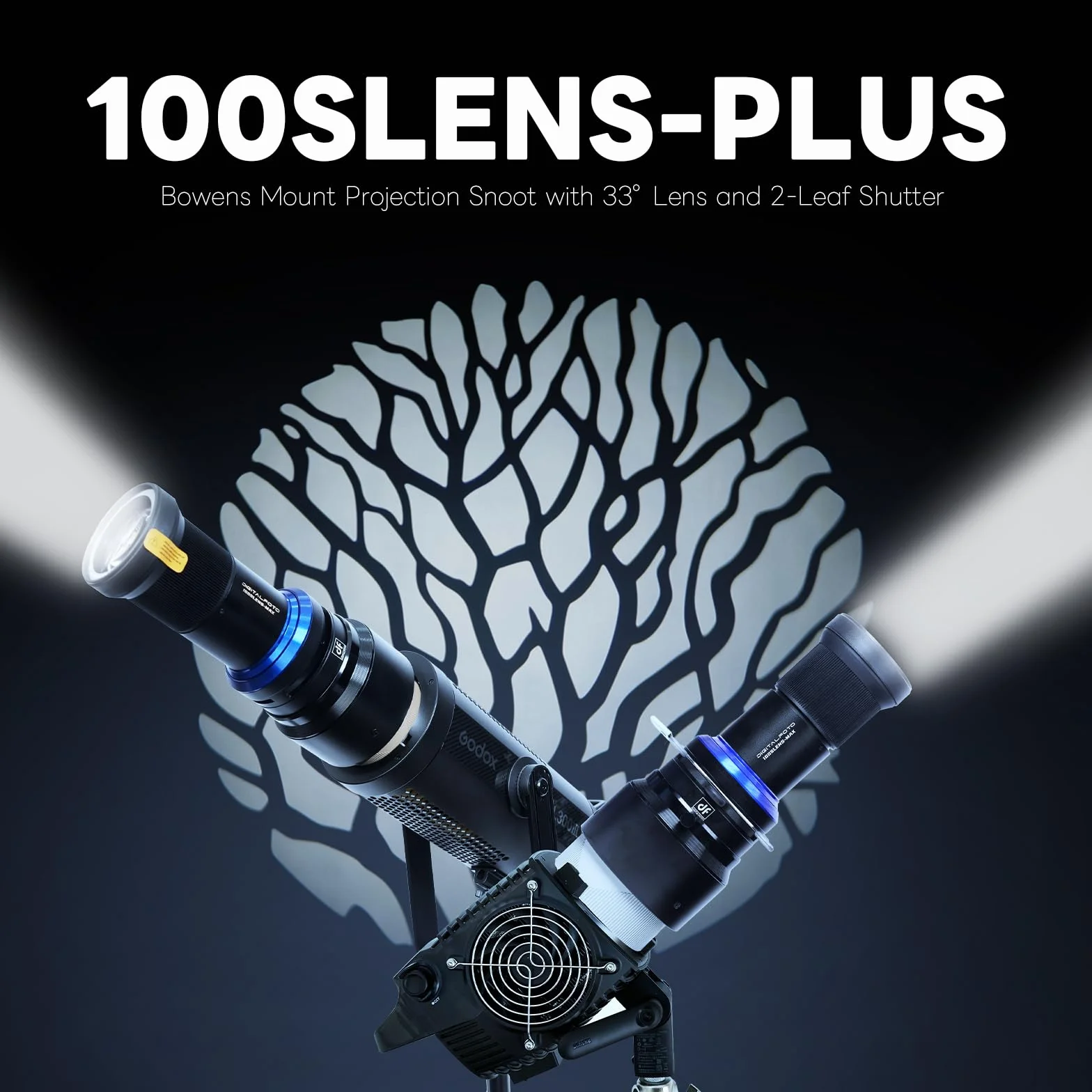 Spotlight Snoot Ottico Bowens 100SLENS-PLUS per Aputure Amaran 60D/100D/150C/300C, 600X Pro, Godox SL60 – 33° Grandangolo / 16° Tele, LED 300W, 20 Gobos e 5 Filtri