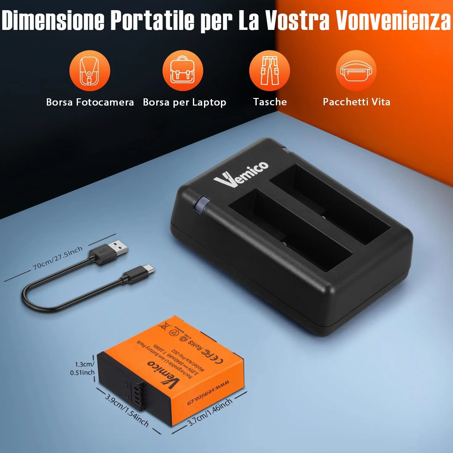 Vemico 360 Ace Pro 2 batterie di ricambio 2 x 1840 mAh Dual Tipo-C Canale caricatore LED con interfaccia di ricarica micro USB per fotocamera / 360 Ace Pro 2/360 Ace / 360 Ace Pro