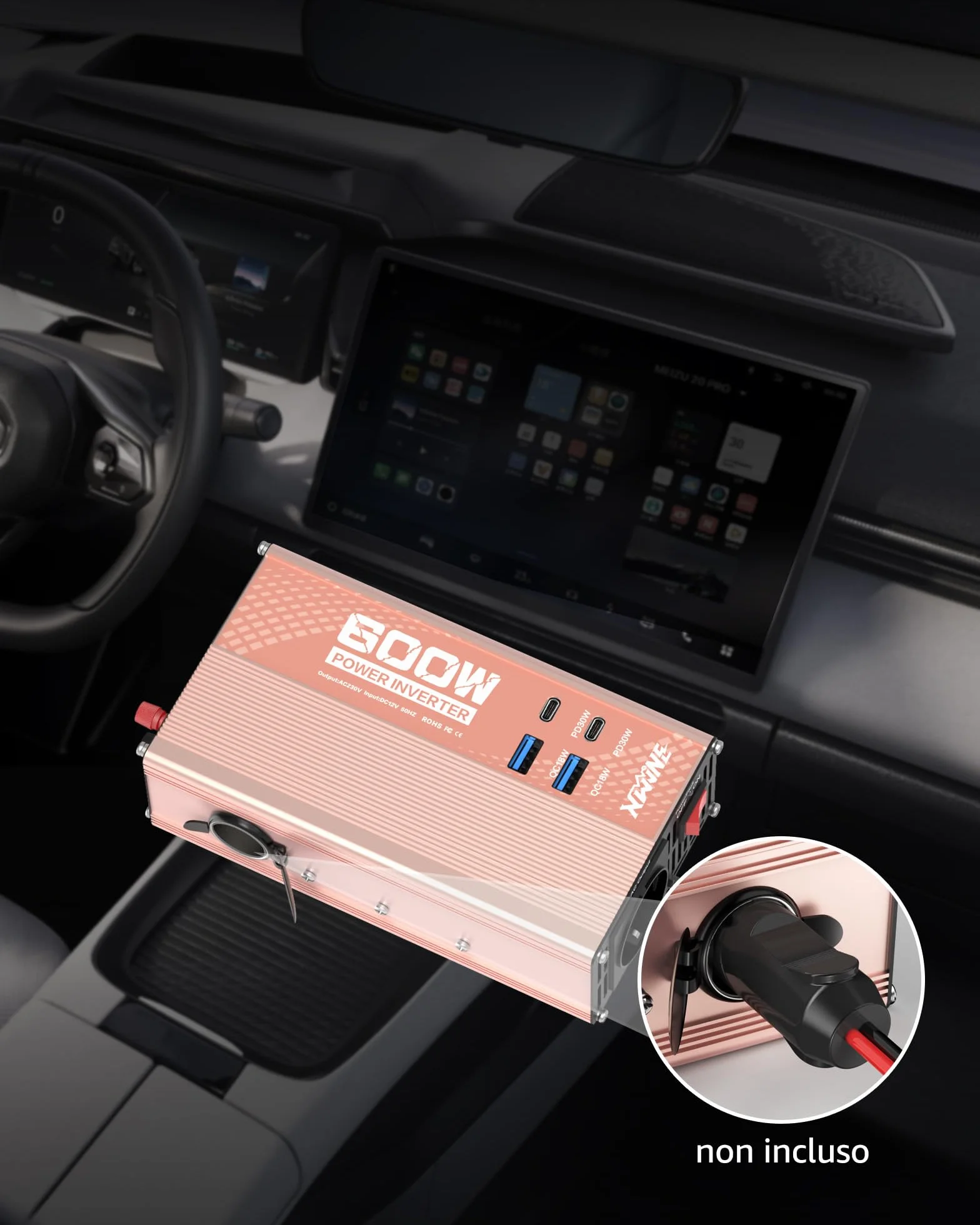 XWJNE 600W Inverter 12V 220V, Invertitore di Tensione con 1 Presa AC EU, 2 USB-A, 2 USB-C, Convertitore Onda Modificata Include Cavo Accendisigari e Pinze a Coccodrillo, per Auto, Camper, Viaggi