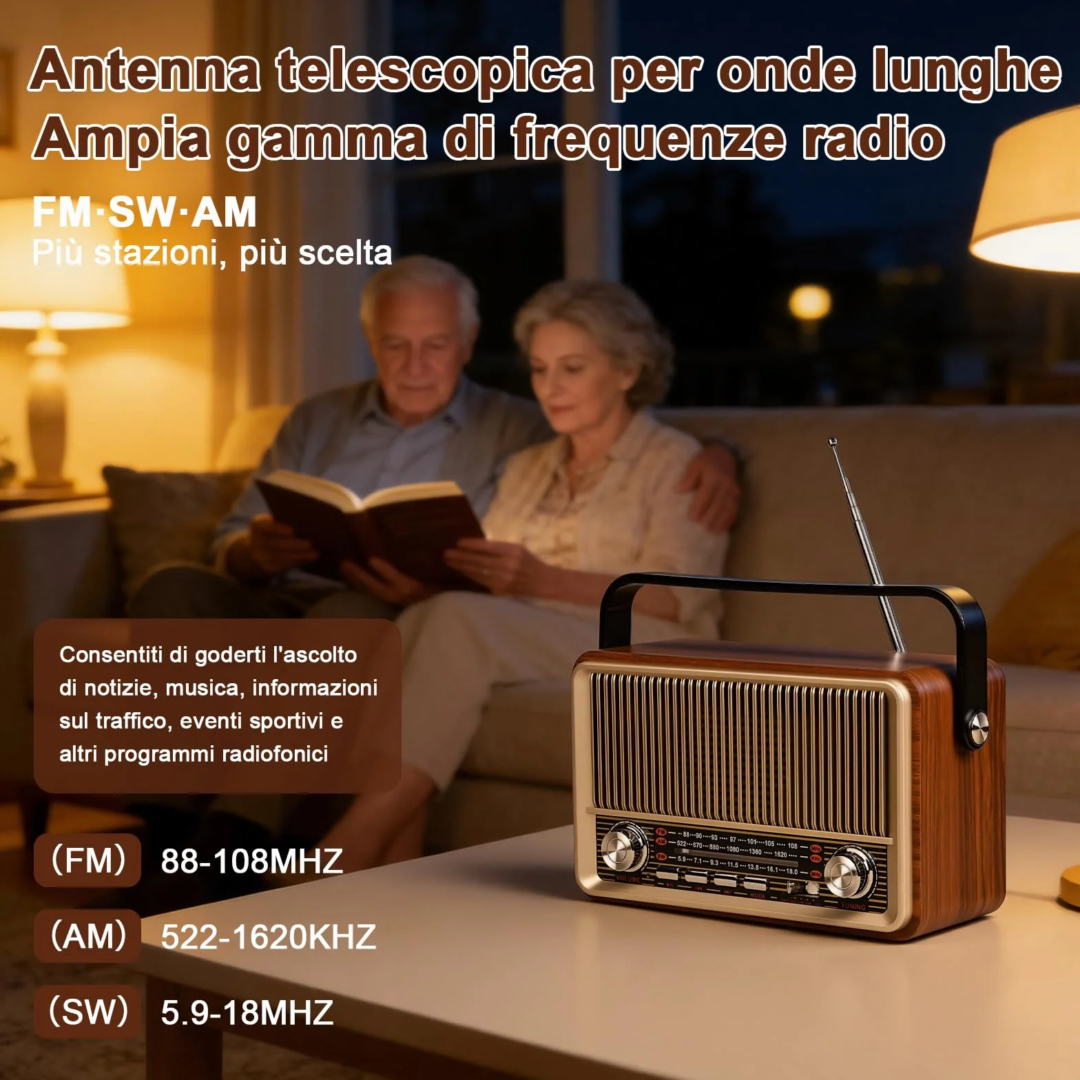 Radio Portatile FM/AM/SW Bluetooth 5.1 Vintage Retrò con Batteria Ricaricabile 1200 mAh