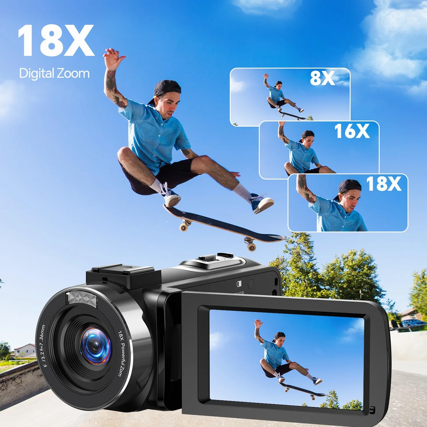 Videocamera 4K, 42MP Vlog Camera con Zoom Digitale 18x e Display Rotabile 3 Pollici 270° - Videocamera Digitale con Luce LED, Funzione Webcam, 2 Batterie, Scheda SD 32GB e Telecomando
