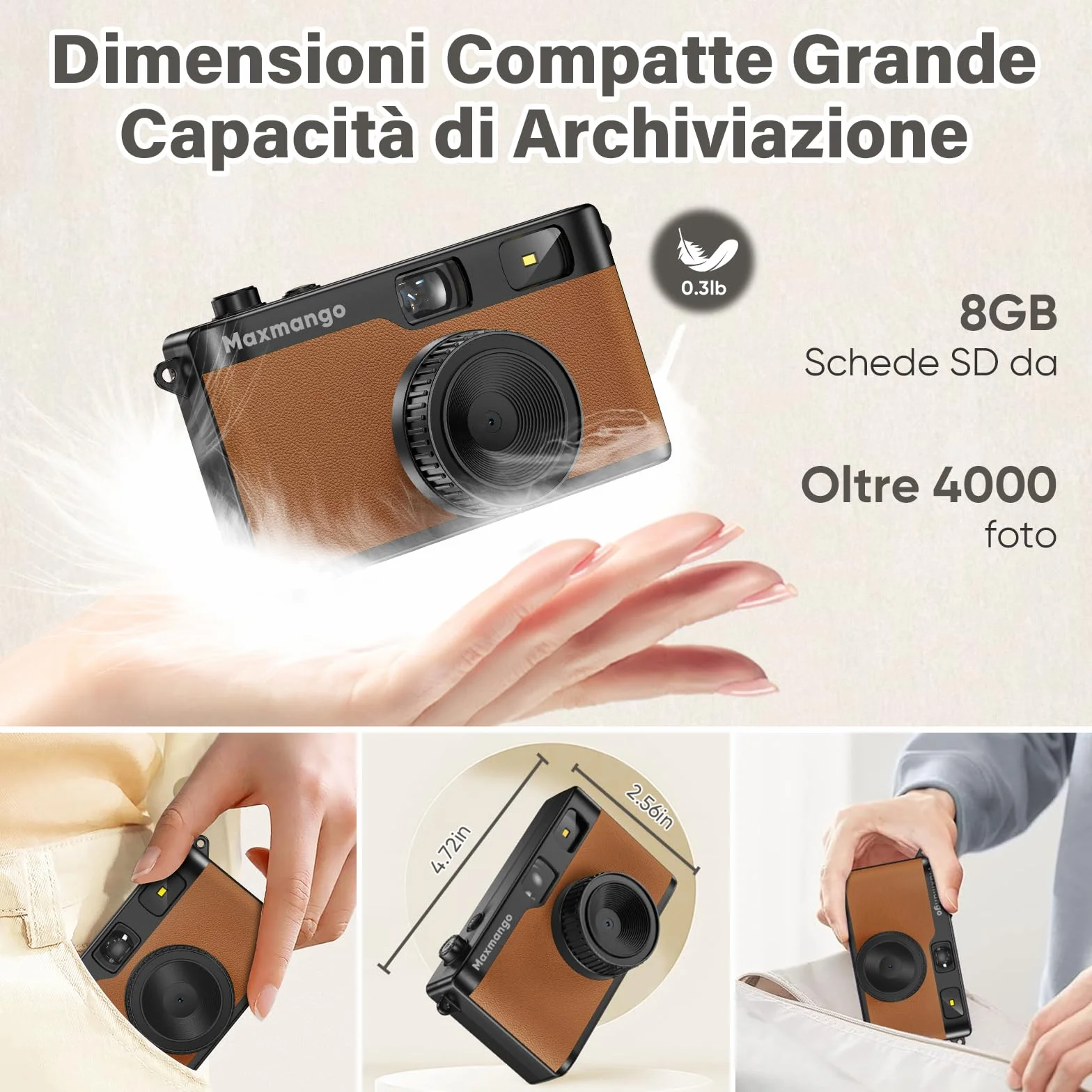 Maxmango D53 Fotocamera Digitale Compatta Senza Schermo, Fotocamera Vintage Retro 12 MP Catturare Momenti Reali, Filtri DIY Scaricabili, USB-C, Scheda SD da 8 GB Inclusa, Fino a 4000 Foto (Marrone)