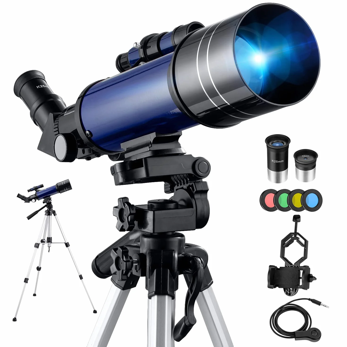 Telescopio Astronomico 70/400 per Bambini e Adulti Principianti, Riflettore con Treppiede Regolabile, Adattatore Smartphone, Oculari K6mm K25mm, Filtri Lunari, Zaino Portatile
