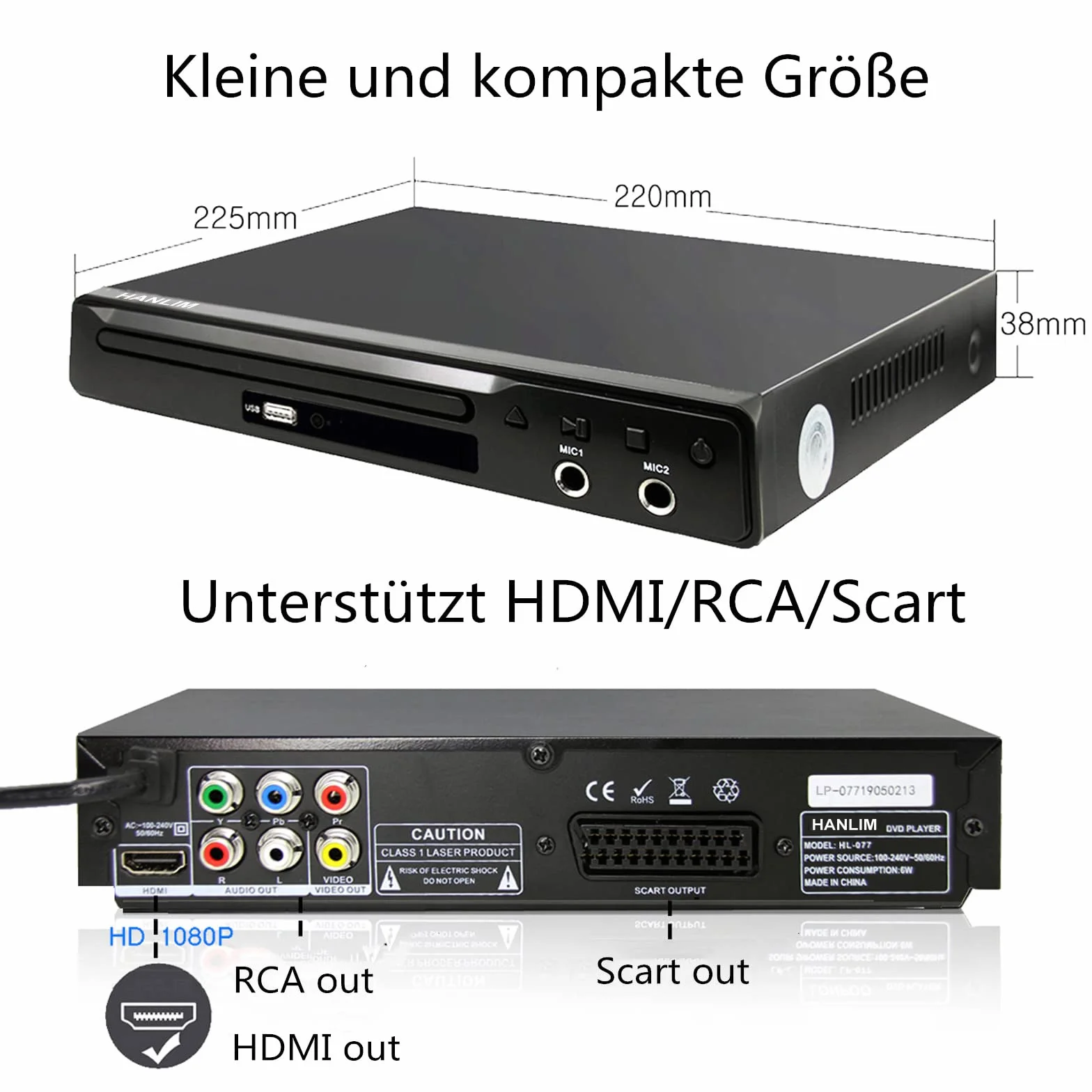 Mini lettore DVD Scart Compact CD Player Region Free HDMI per TV, USB, 2 interfacce microfono, cavo HDMI/AV, sistema TV PAL/NTSC integrato alloggiamento in metallo