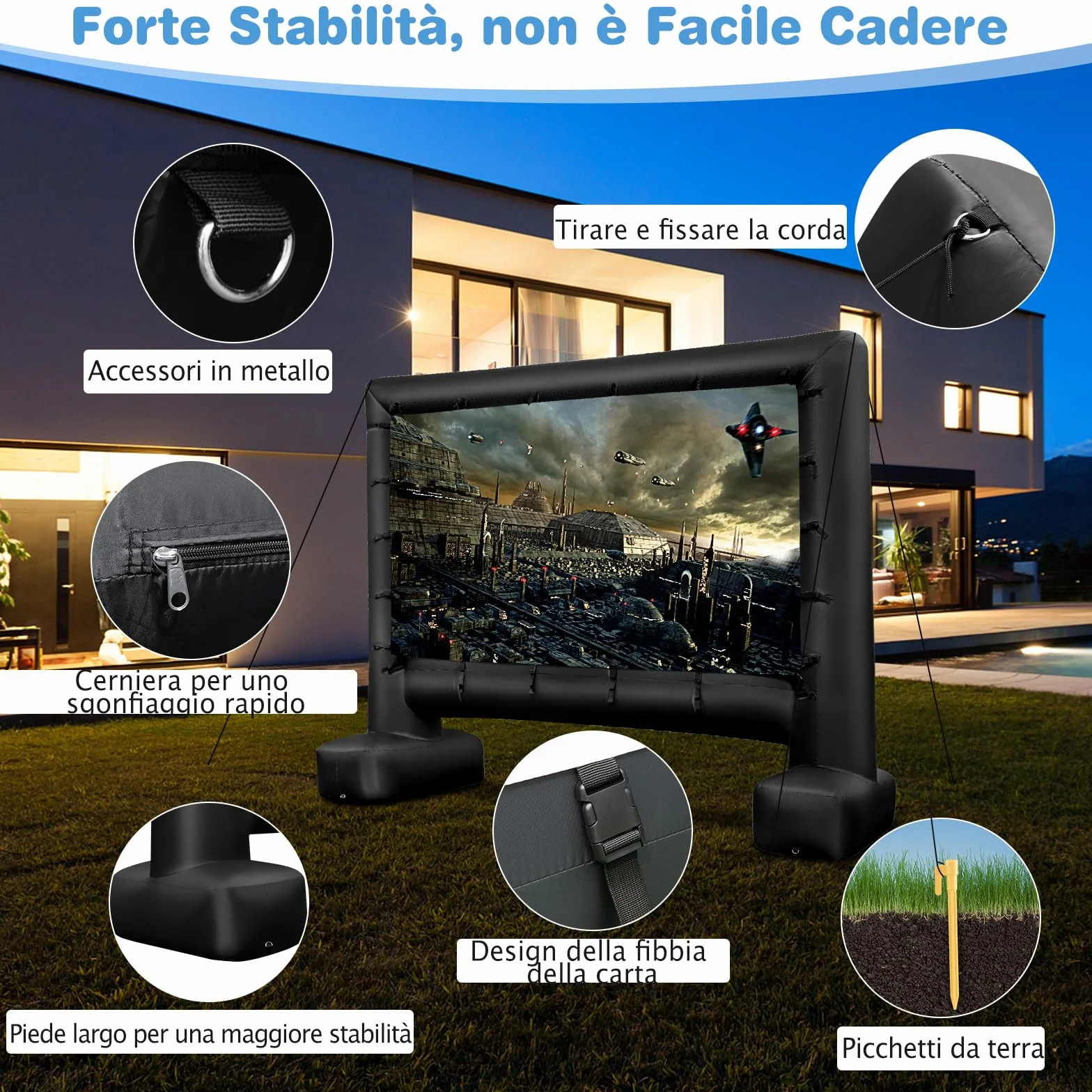 GYMAX Schermo Proiettore Gonfiabile 4 M/4,5M, Telo Proiettore Pieghevole Portatile per Film con Soffiatore d'Aria, Schermo Doppia Faccia, Borsa, Picchetti, per Giardino, Terrazzo, Esterno (4M)