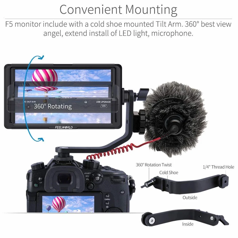 Feelworld F5 5 Pollici On Camera Field Monitor DSLR Small Full HD 1920x1080 IPS Video Peaking Focus Assist con 4K HDMI 8.4V DC Input Output Includono Tilt Arm