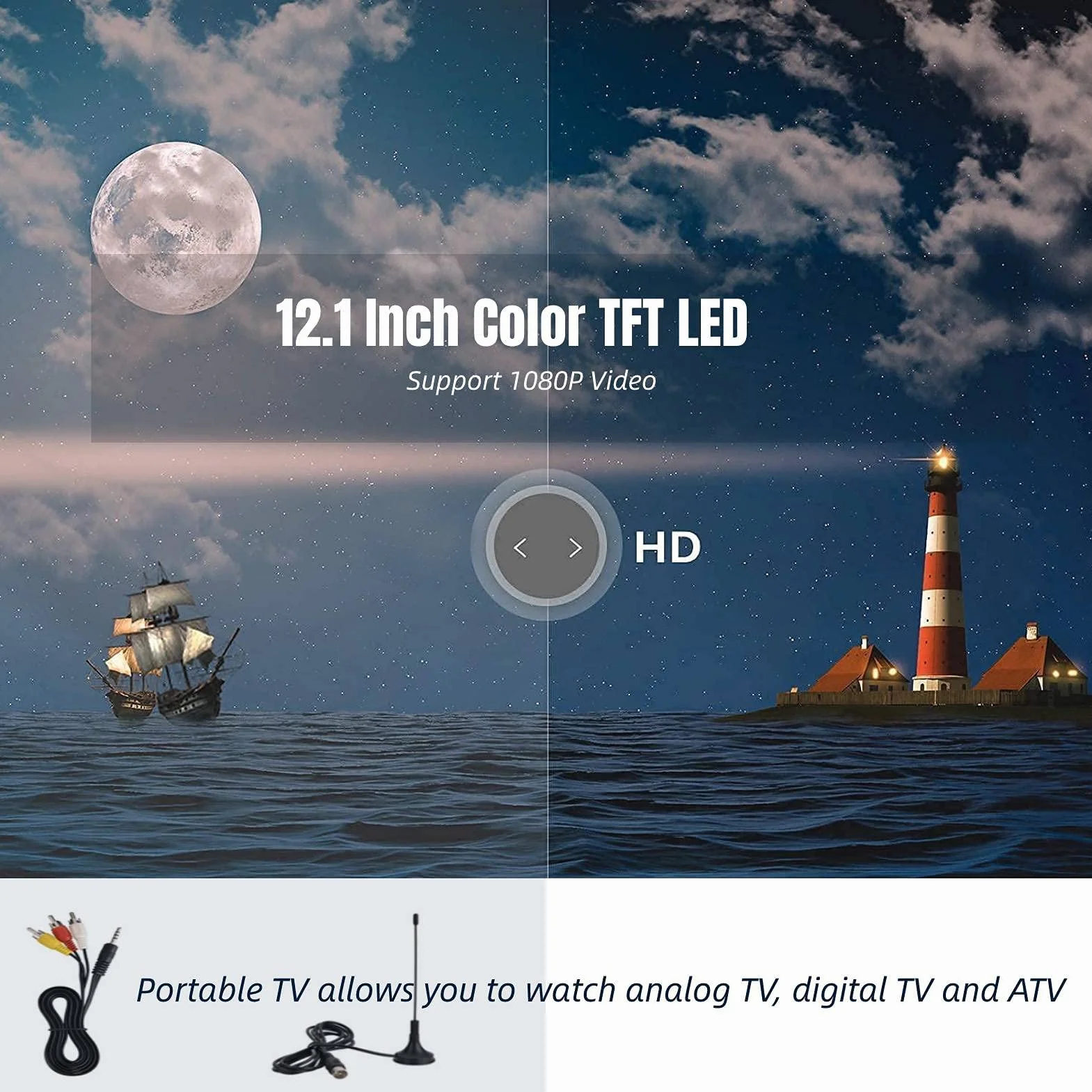 Televisore Portatile, da 12.1 Pollici Piccolo TV LED Display TV per auto Portatile 1080P HD, con 1500mA Batterie Ricaricabili e Antenna per viaggiare da letto, Cucina, Caravan, Supporto TV Analogica