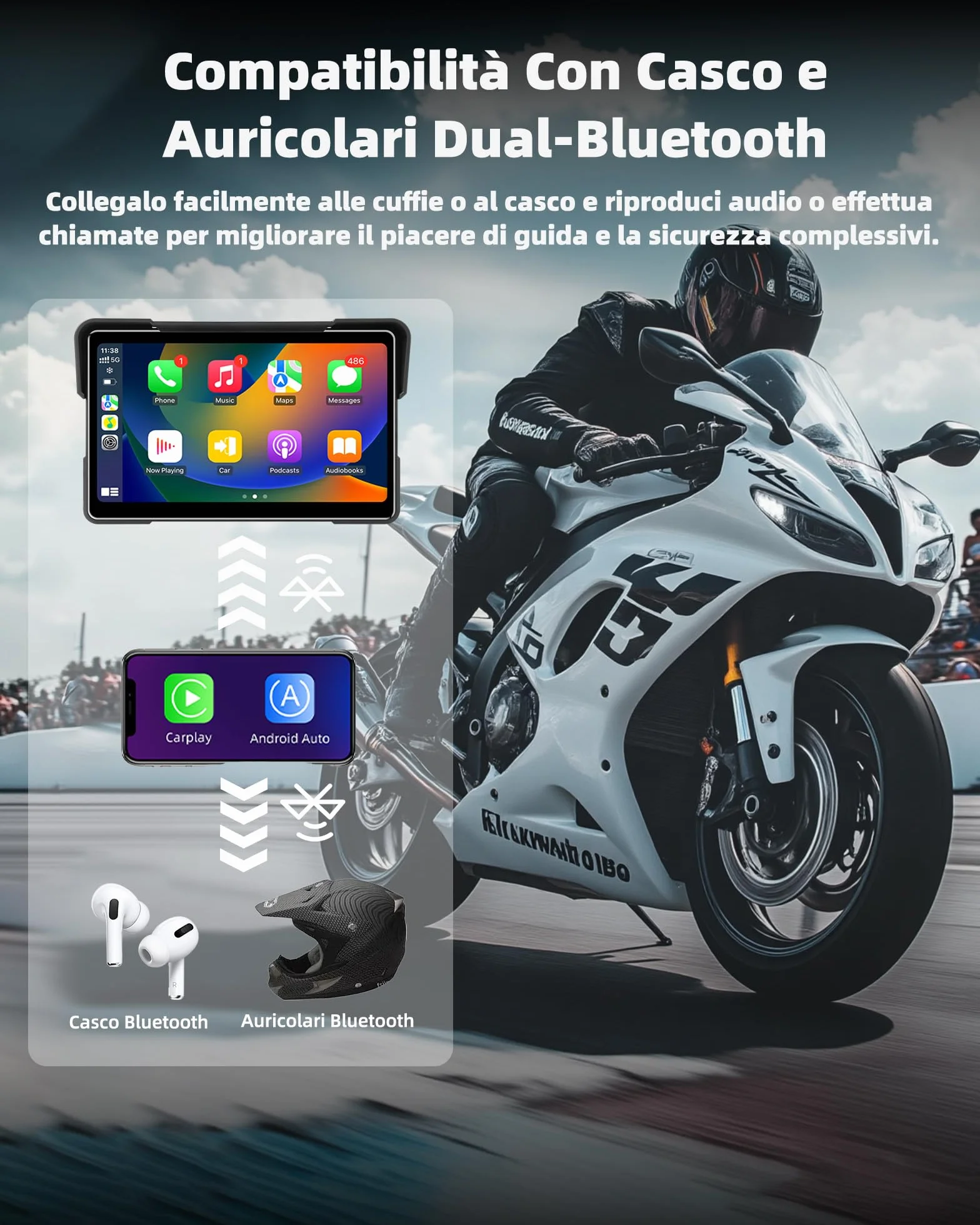 Jansite 7 Pollic Schermo Carplay Moto Android Auto, Navigatore Moto IP67 Impermeabile Schermo con Doppio Bluetooth Siri/GoOgle Assistant