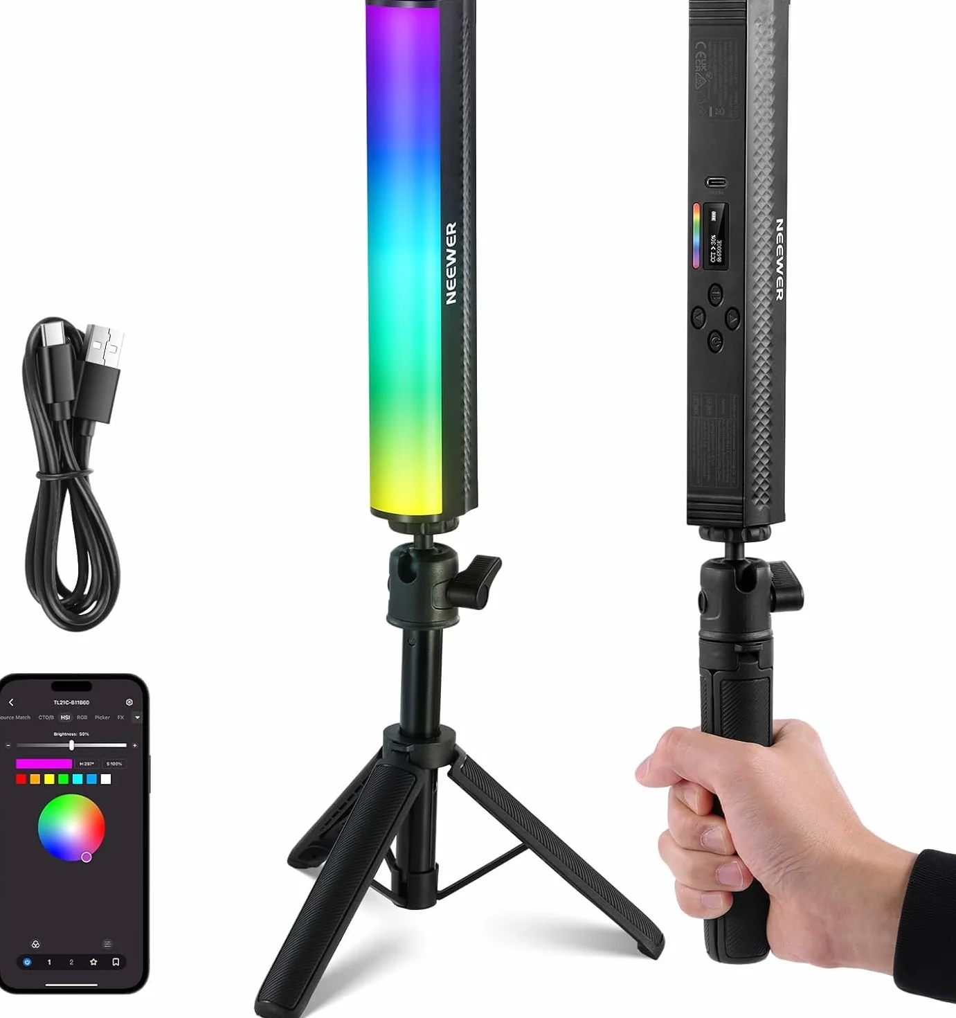NEEWER Barra Luminosa RGB con Treppiede da Tavolo, Controllo APP, Stick Luce Magnetico per Foto Video, Luce Tubo LED a Colori Dimmerabile 2500K-8500K CRI95+ 17 Scene per Vlog, Batteria 2550mAh, TL21C