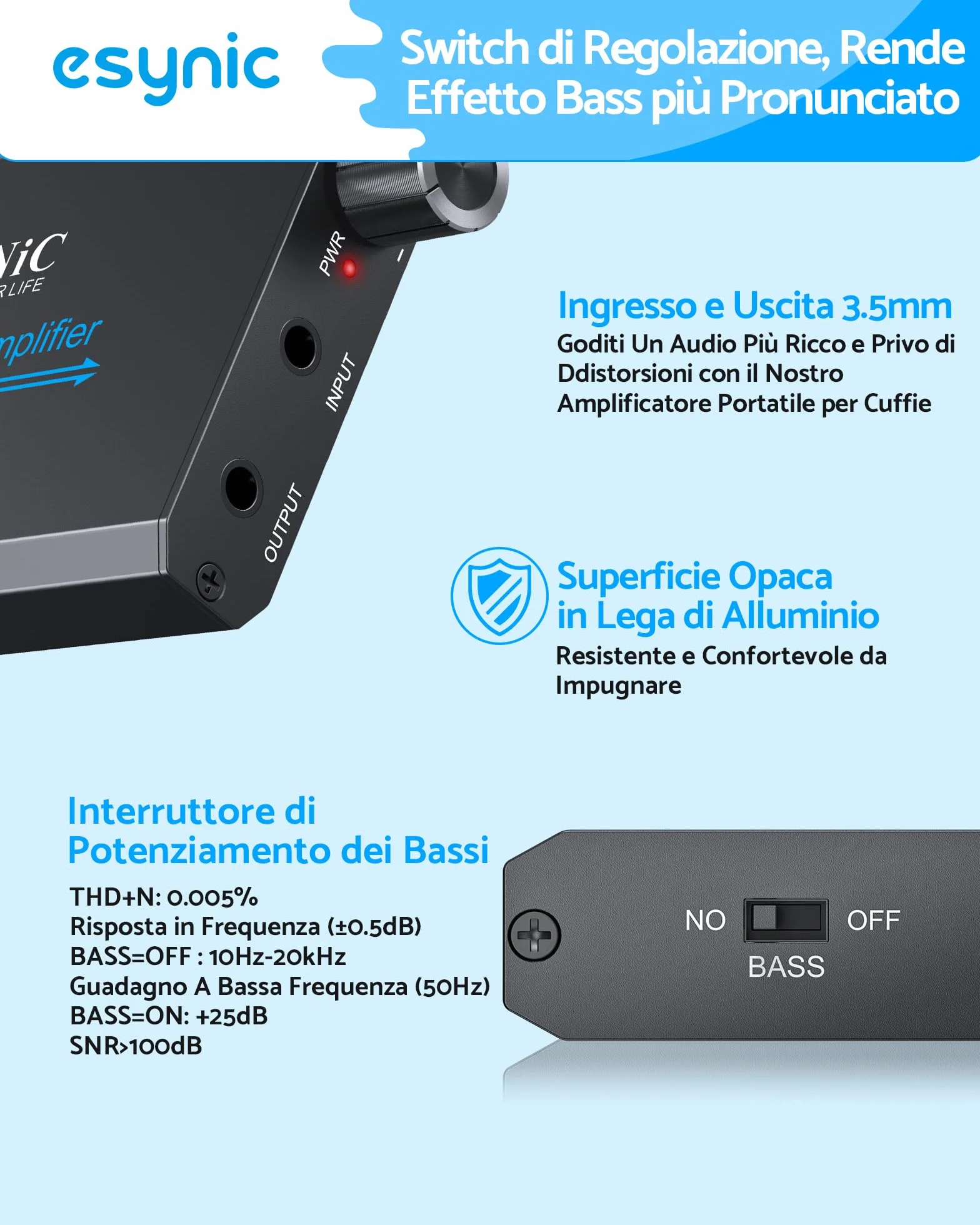eSynic 16-600Ω Amplificatore per Cuffie Professionale con Jack 3.5mm, Ricaricabile Type-C, Lega Alluminio